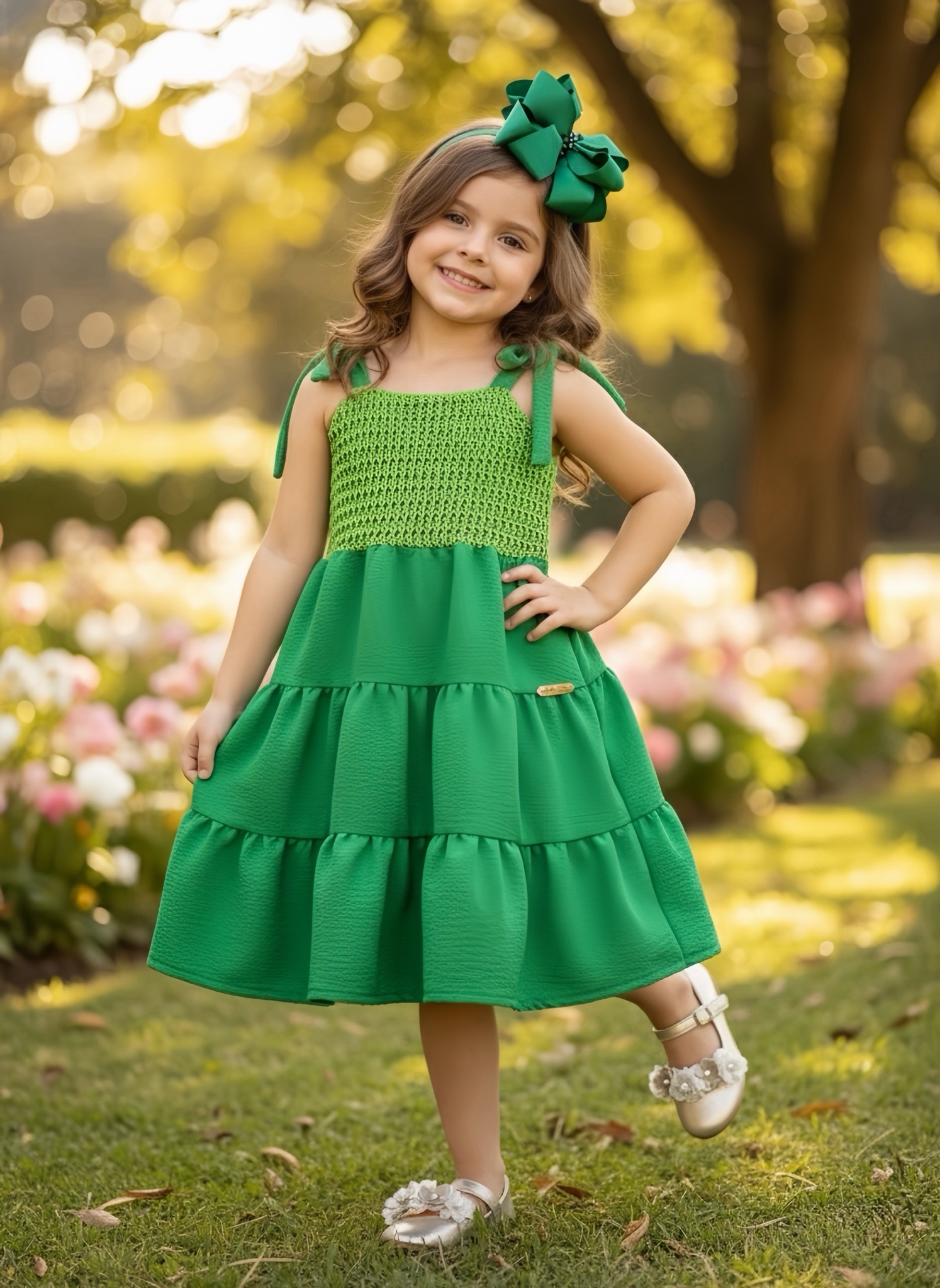 Vestido Infantil de Alça Verde Bandeira Casual Luxo