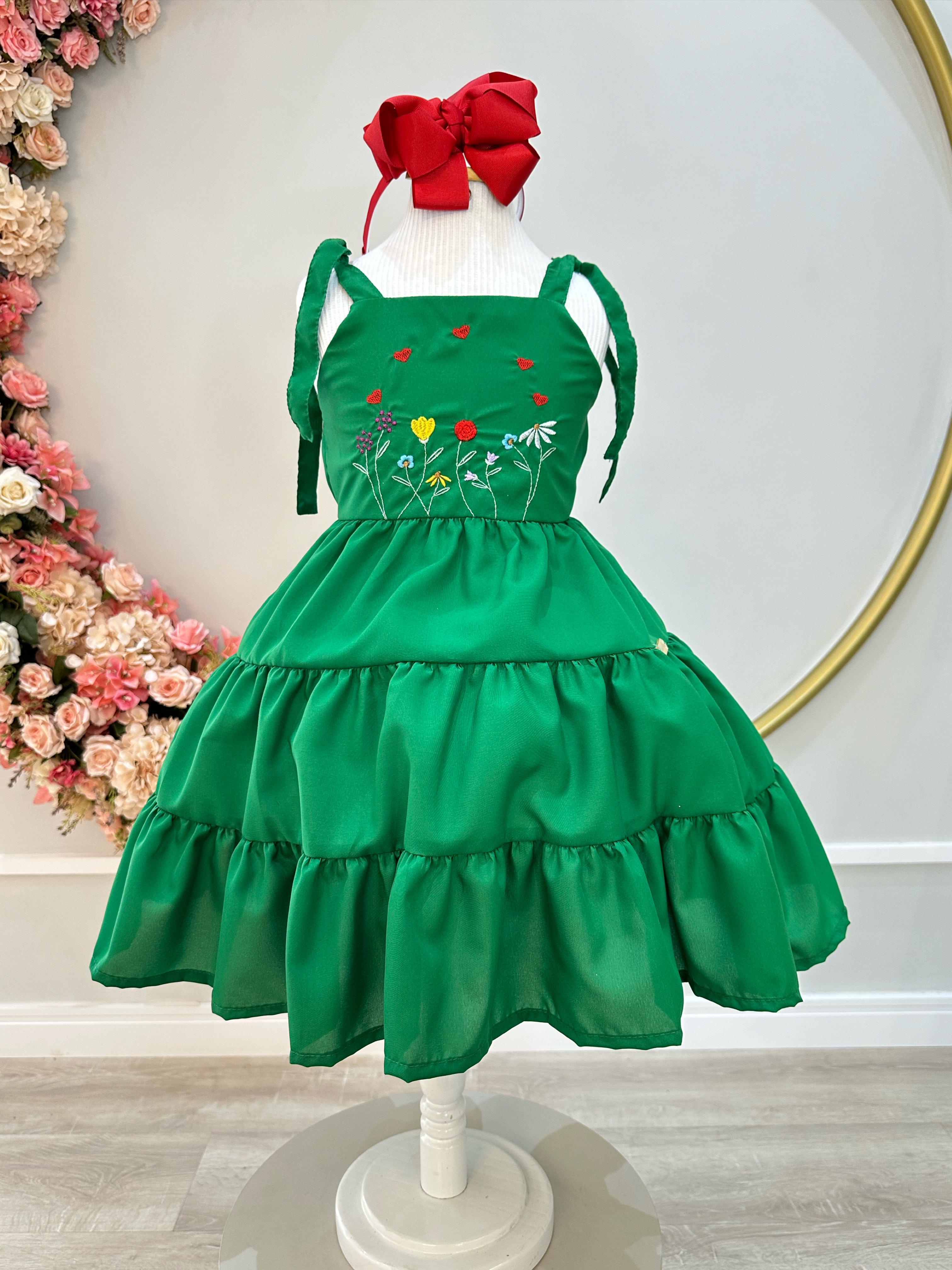 Vestido Infantil de Alça Verde Busto Bordado Casual Luxo