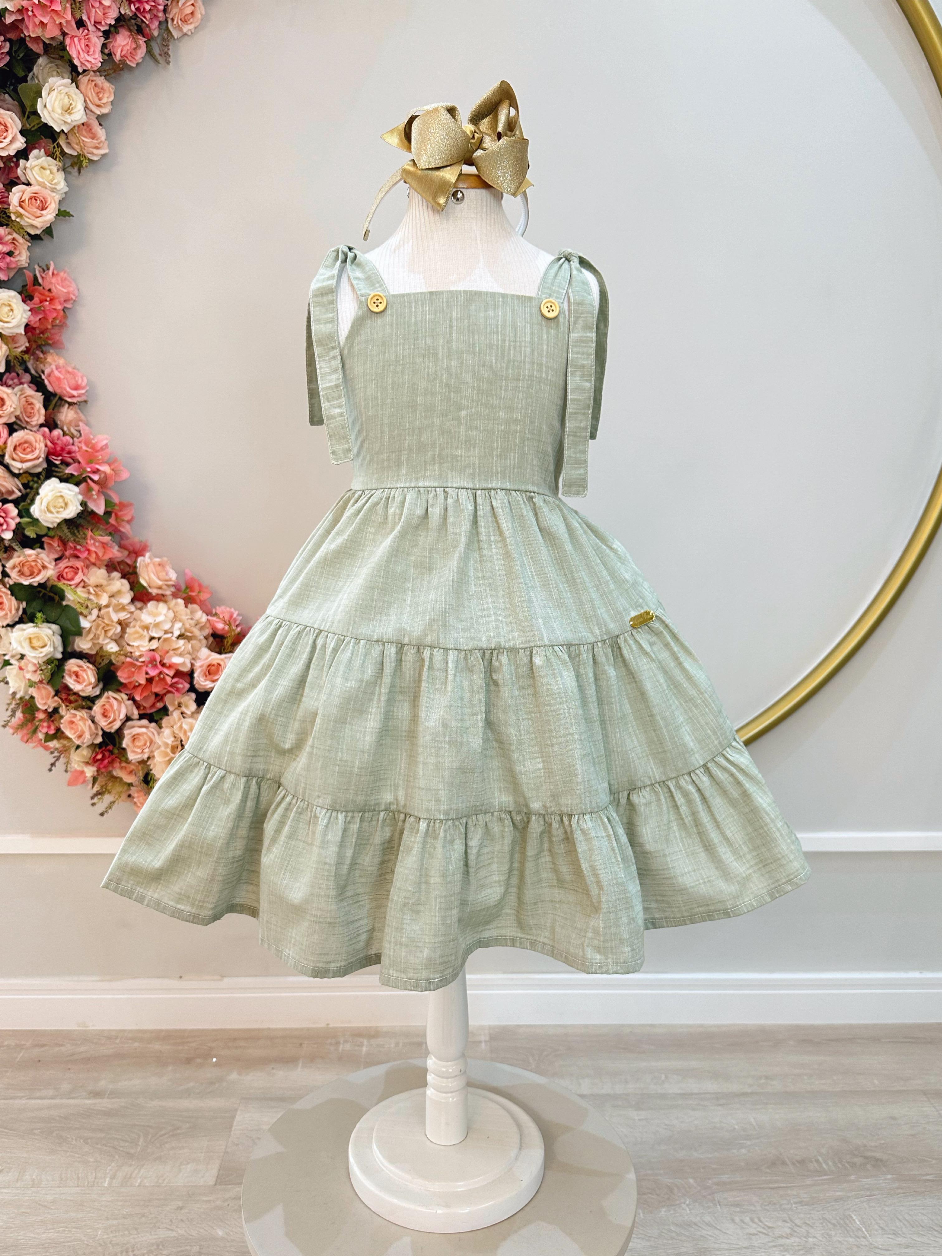 Vestido Infantil de Alça Verde Casual Festas Luxo