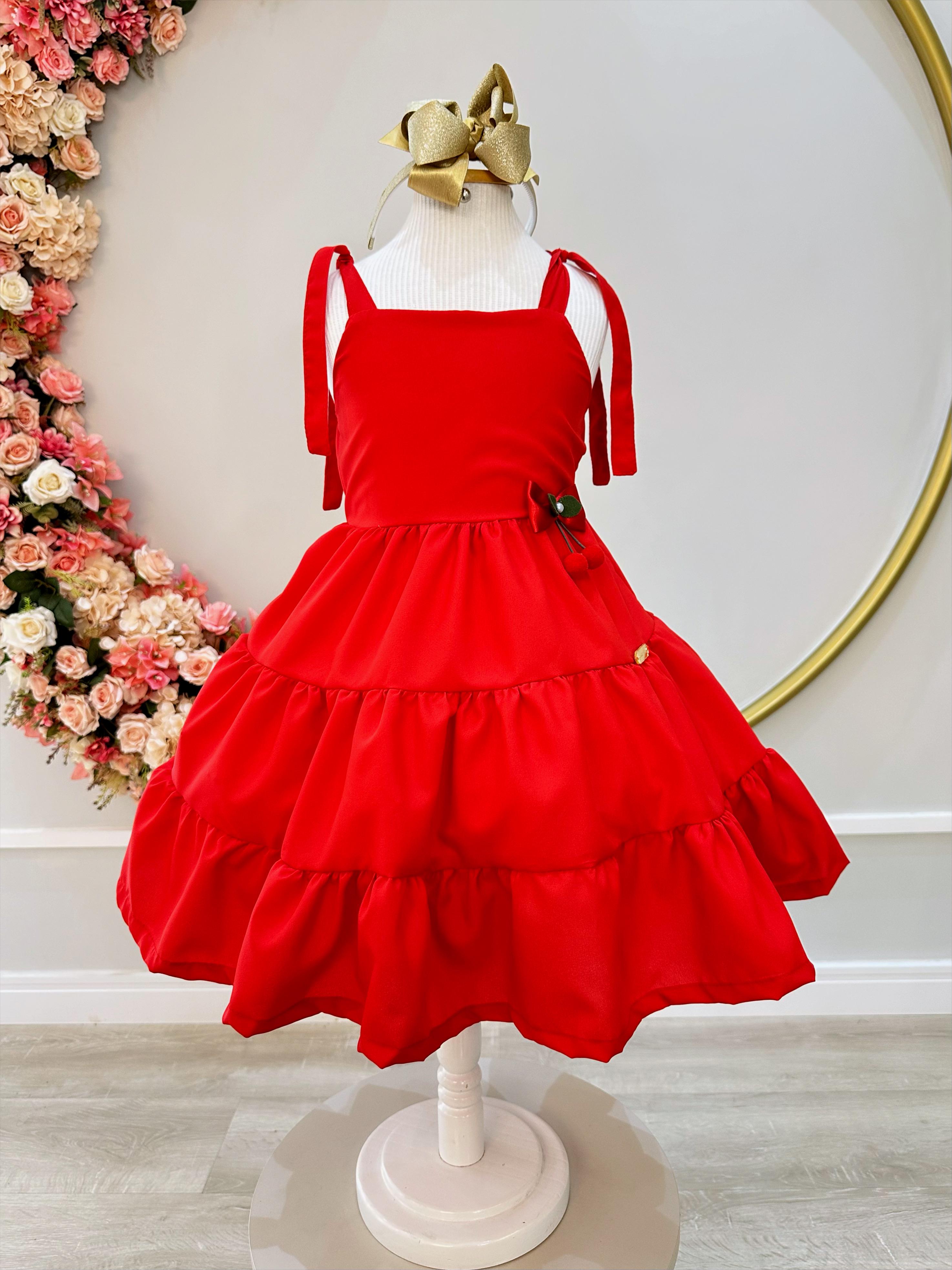 Vestido Infantil de Alça Vermelho Aplique Broche Casual Luxo