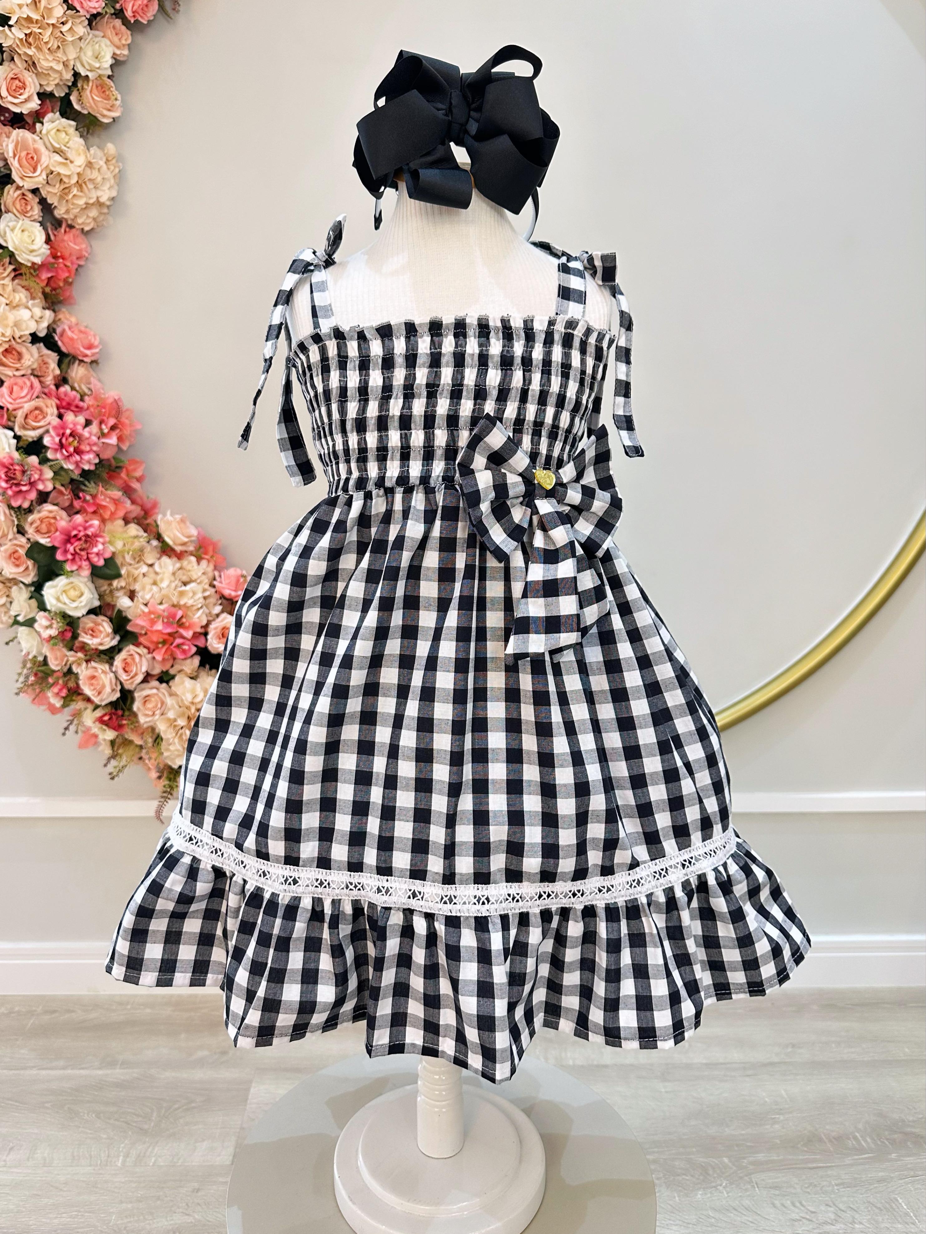 Vestido Infantil de Alça Xadrez Preto C/ Broche Casual Luxo