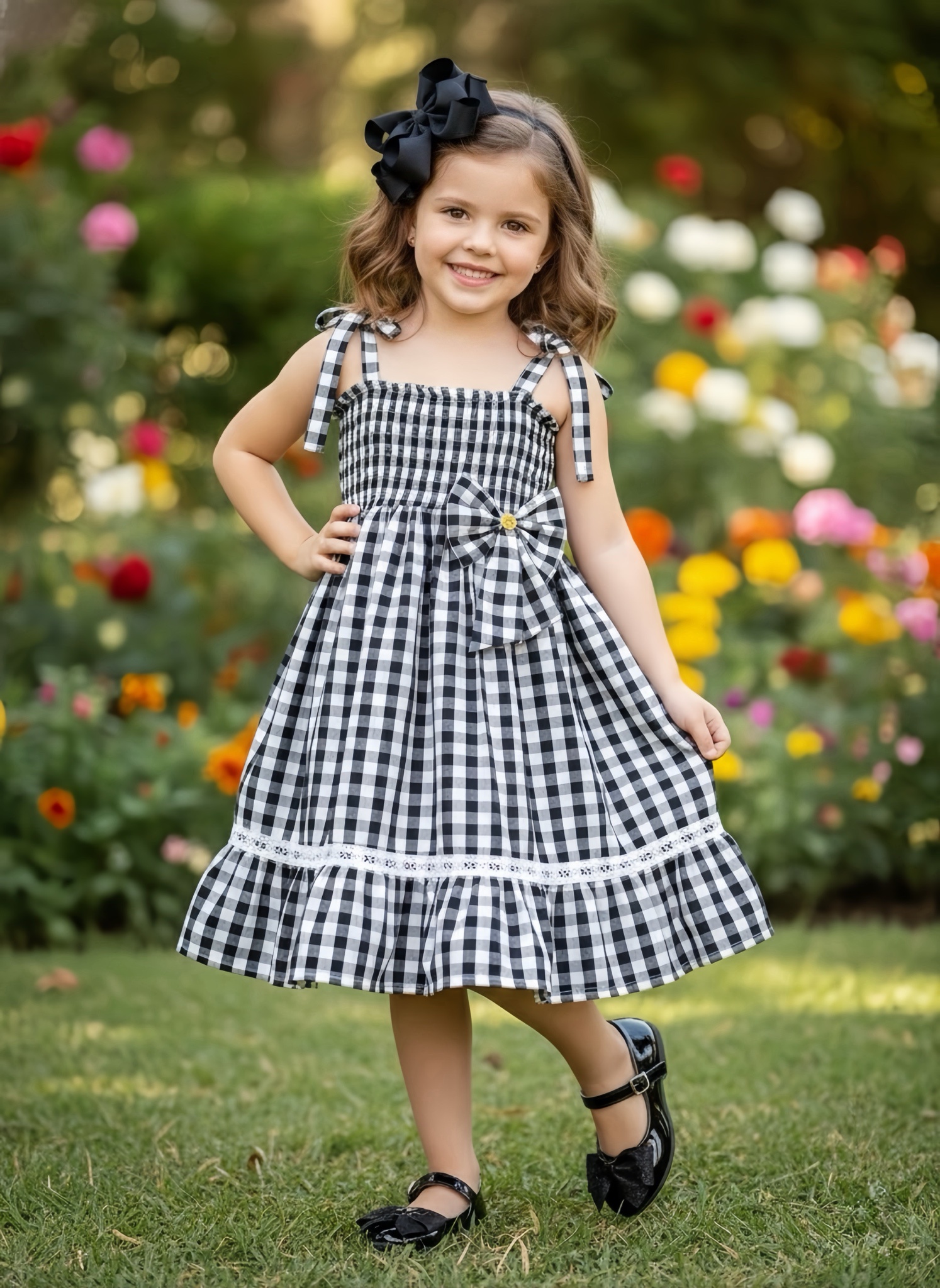 Vestido Infantil de Alça Xadrez Preto C/ Broche Casual Luxo