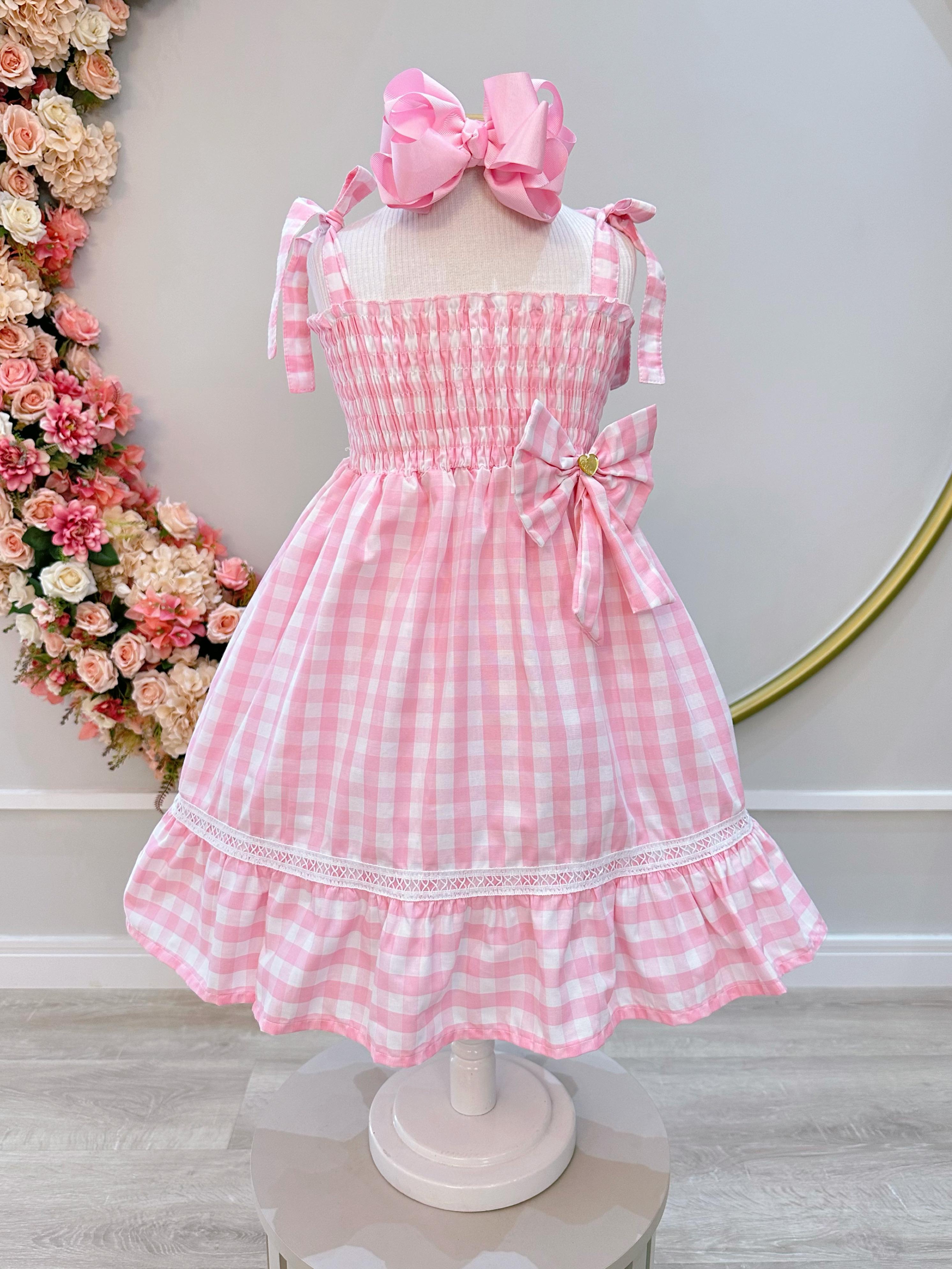 Vestido Infantil de Alça Xadrez Rosa Claro C/ Broche Casual