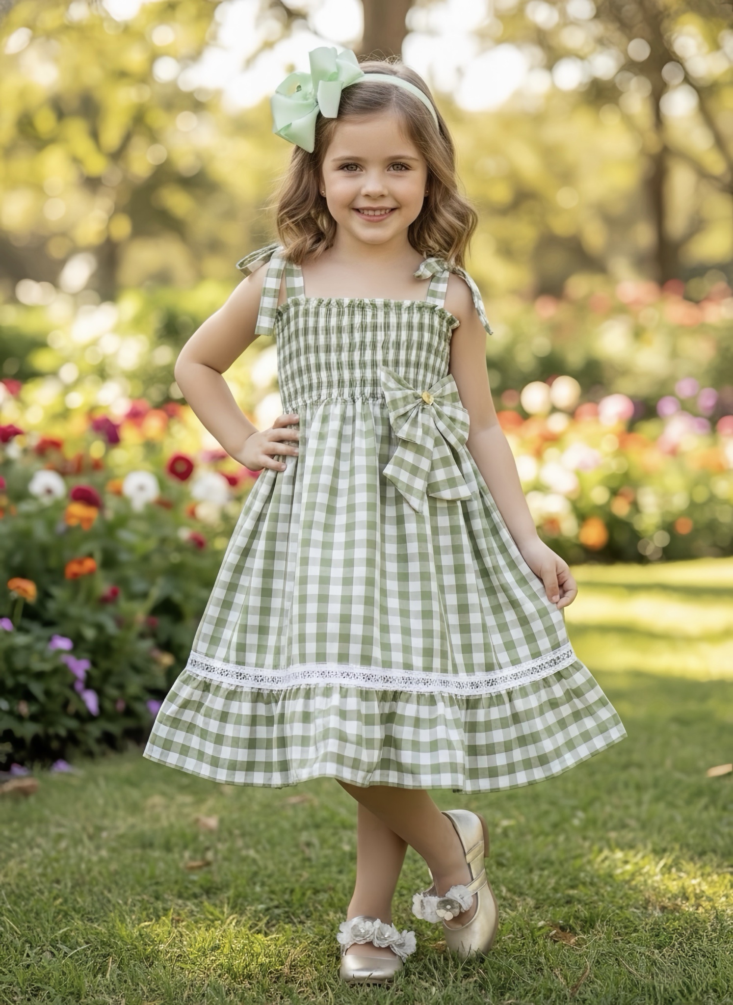 Vestido Infantil de Alça Xadrez Verde Claro C/ Broche Casual