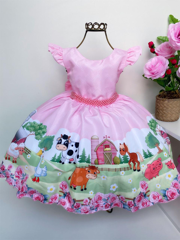 Vestido Infantil Fazendinha Rosa Animais Luxo Princesas