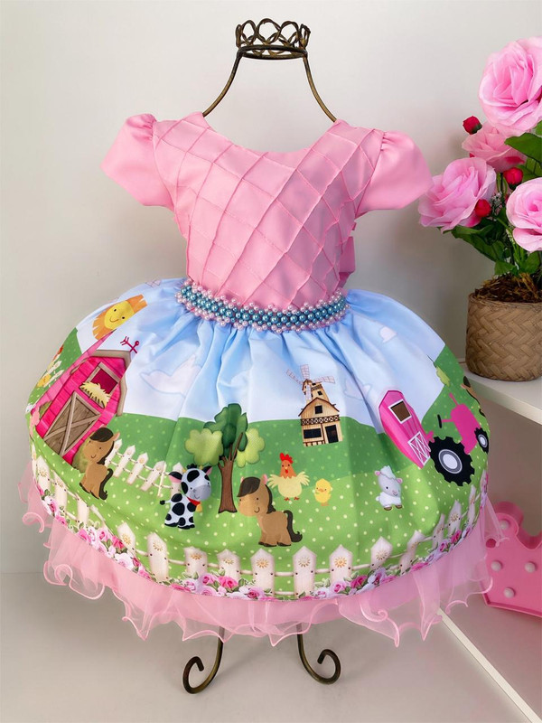 Vestido Infantil Fazendinha Rosa Luxo Festa