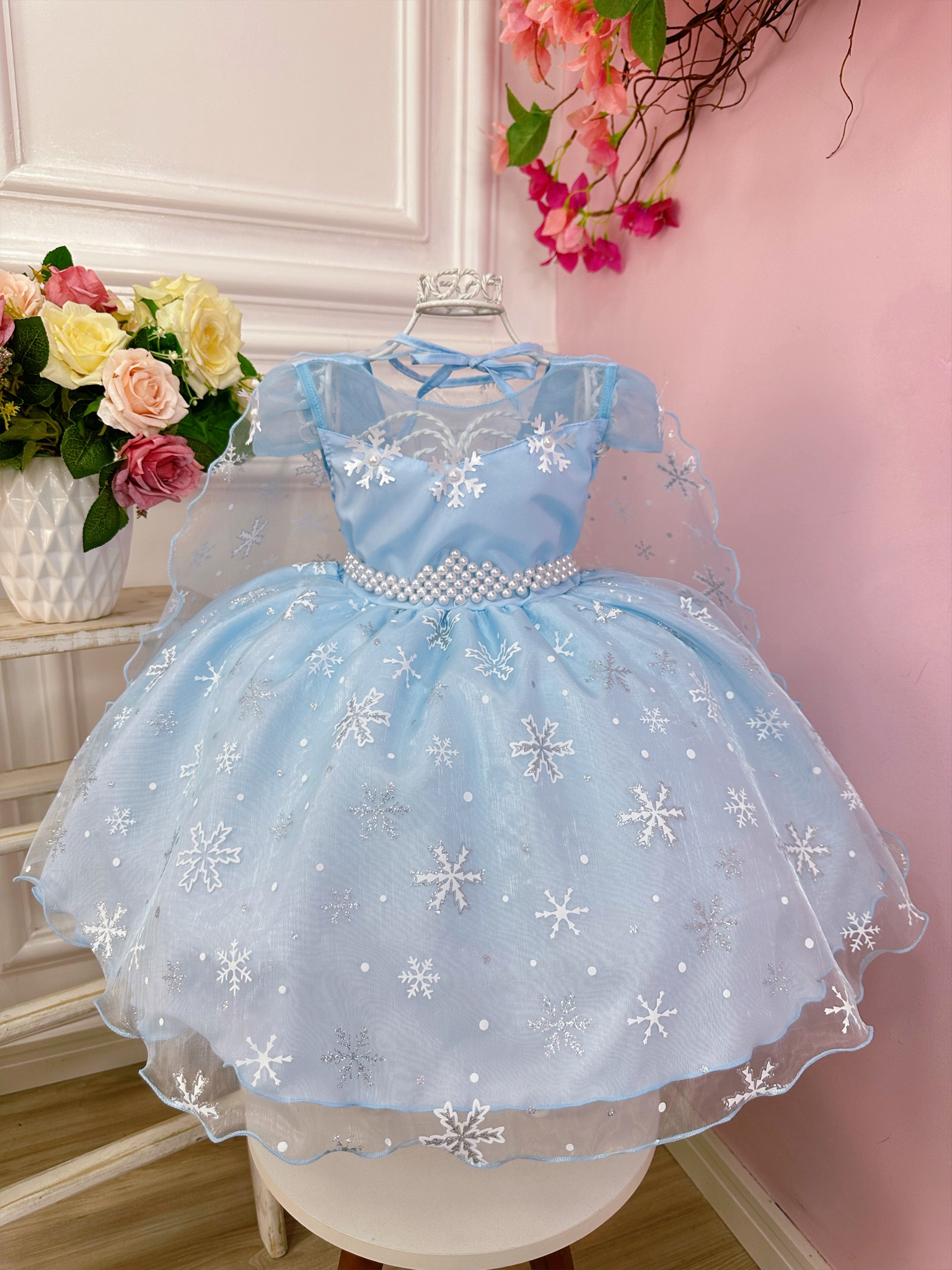 Vestido Infantil Frozen Princesas C/ Capa e Cinto de Pérolas