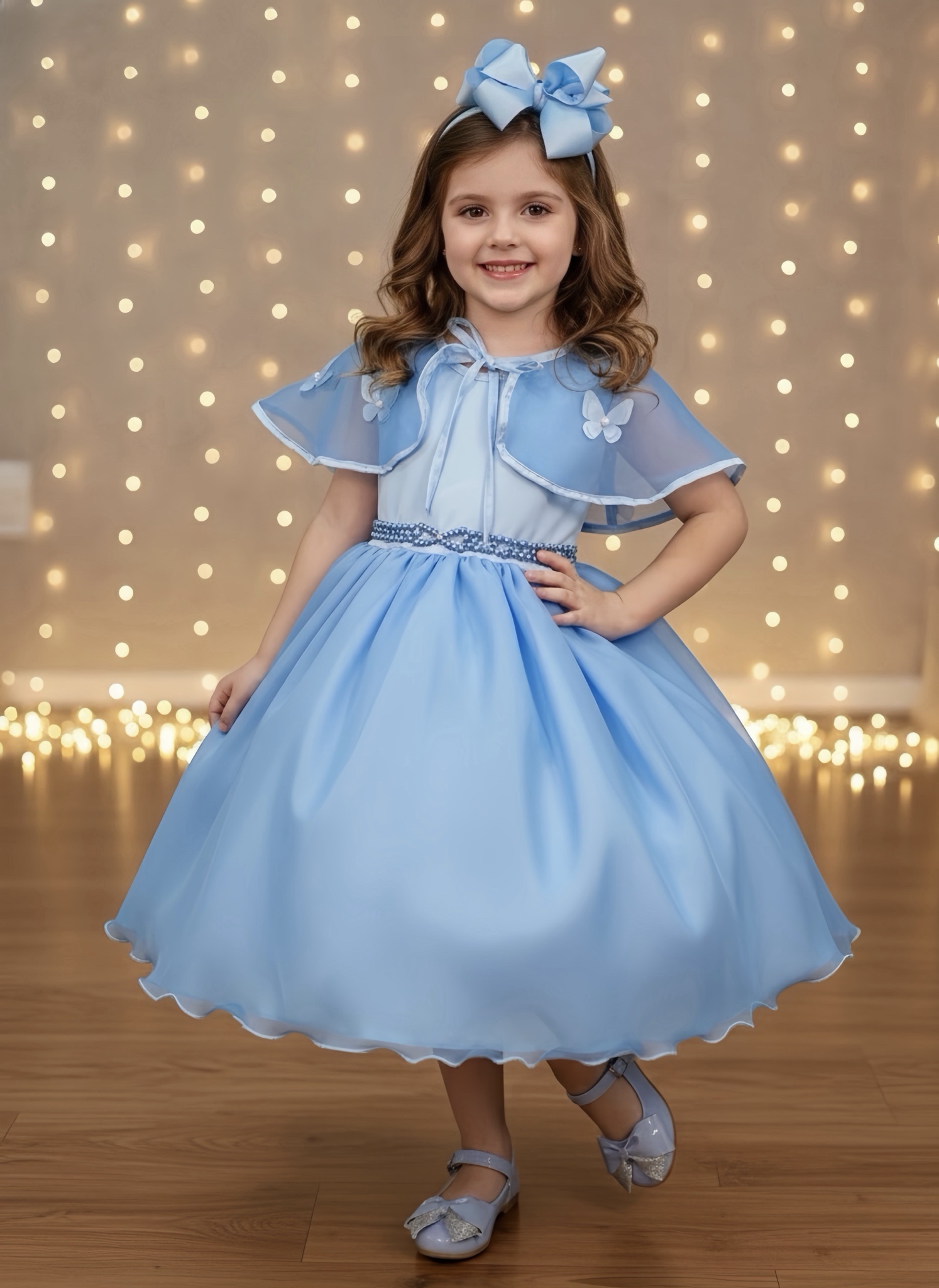 Vestido Infantil Azul Bebê Frozen Tule Com Echarpe Festa