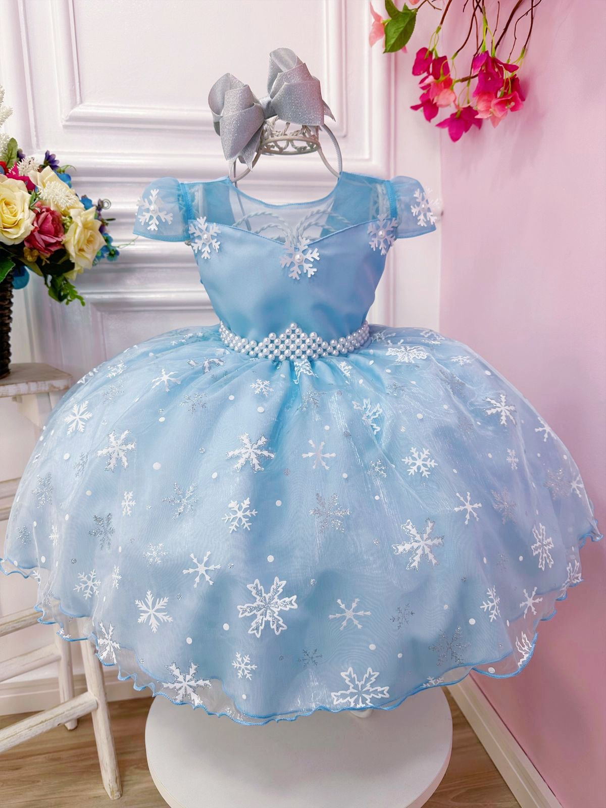 Vestido Infantil Frozen Princesas Com Cinto de Pérolas