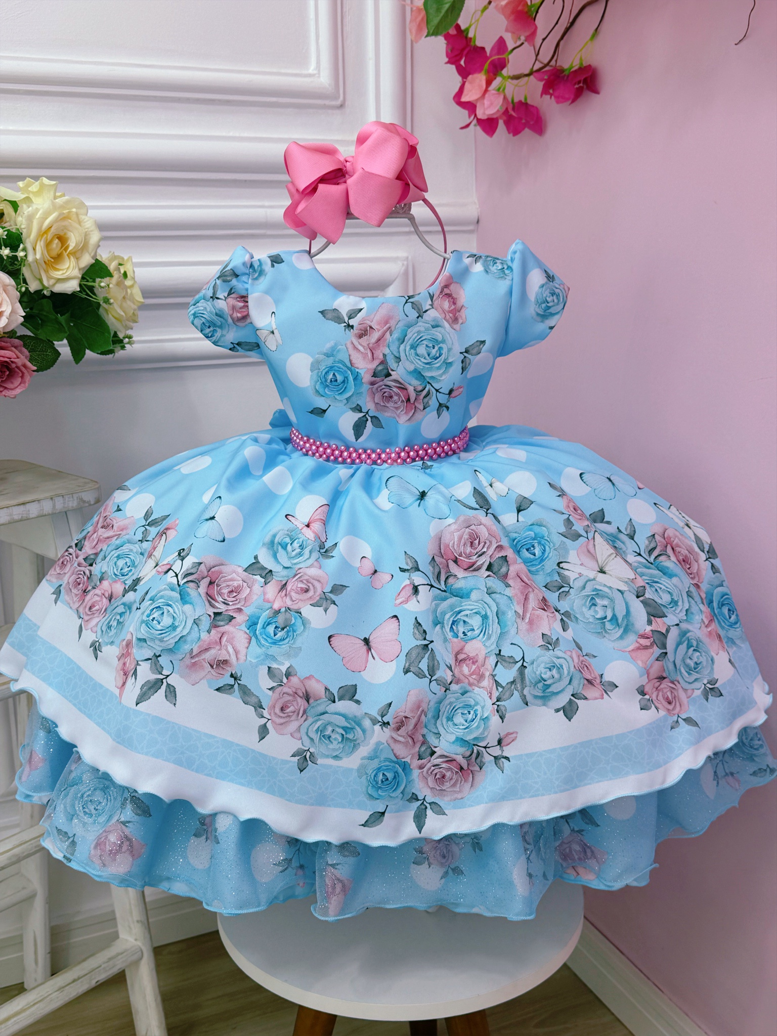 Vestido Infantil Jardim das Borboletas Azul Luxo Festas