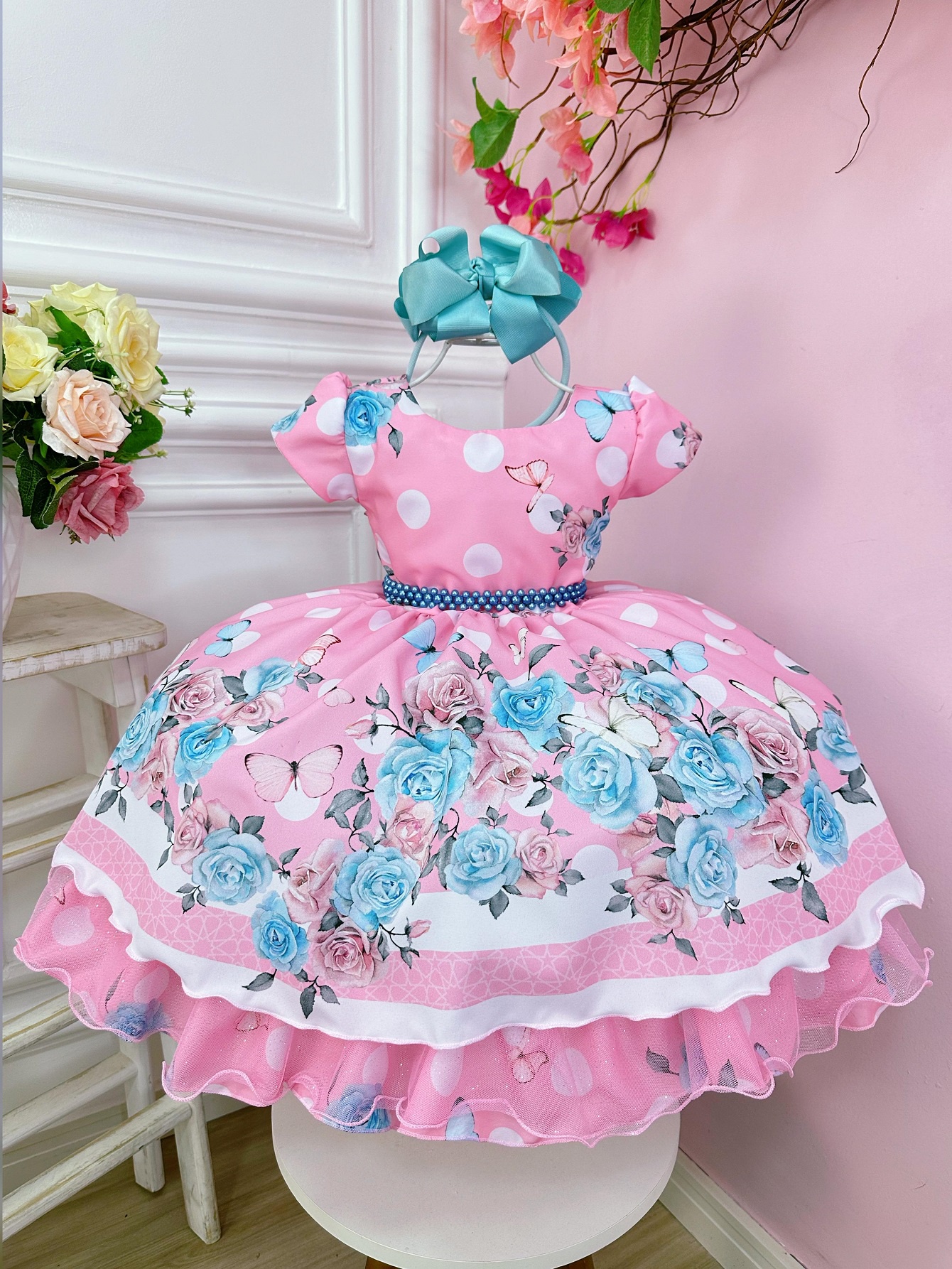 Vestido Infantil Jardim das Borboletas Rosa Festas Luxo