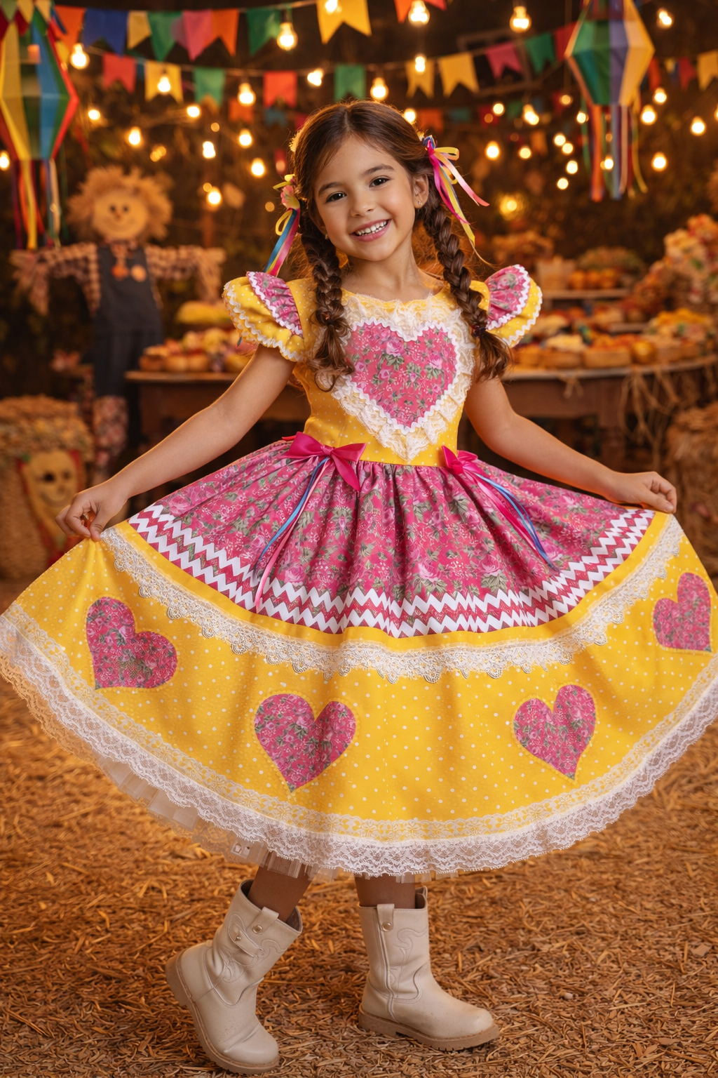 Vestido Infantil Junino Arraiá Amarelo Colorido Luxo Festas