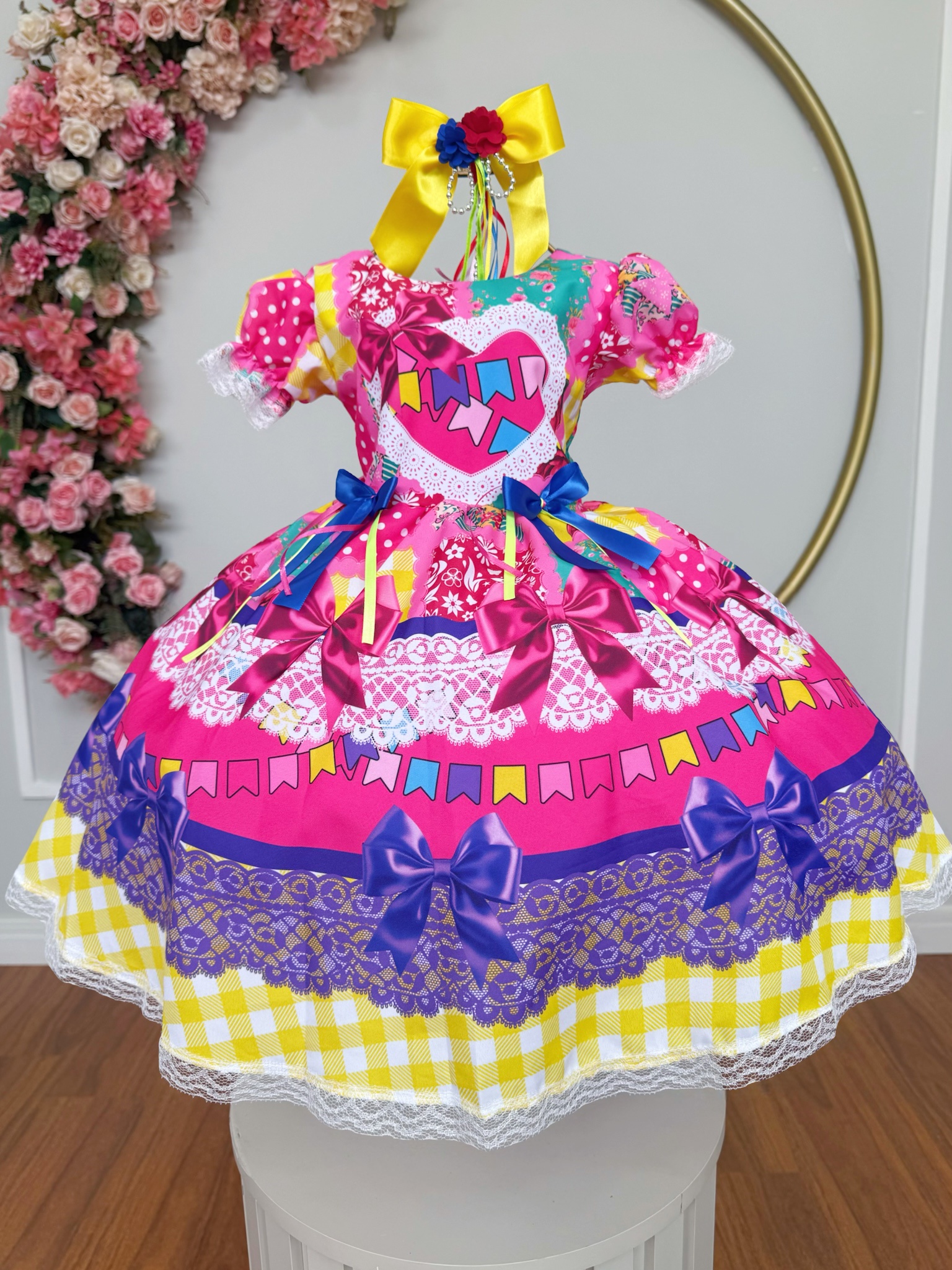 Vestido Infantil Junino Arraiá Caipira Rosa Xadrez Colorido