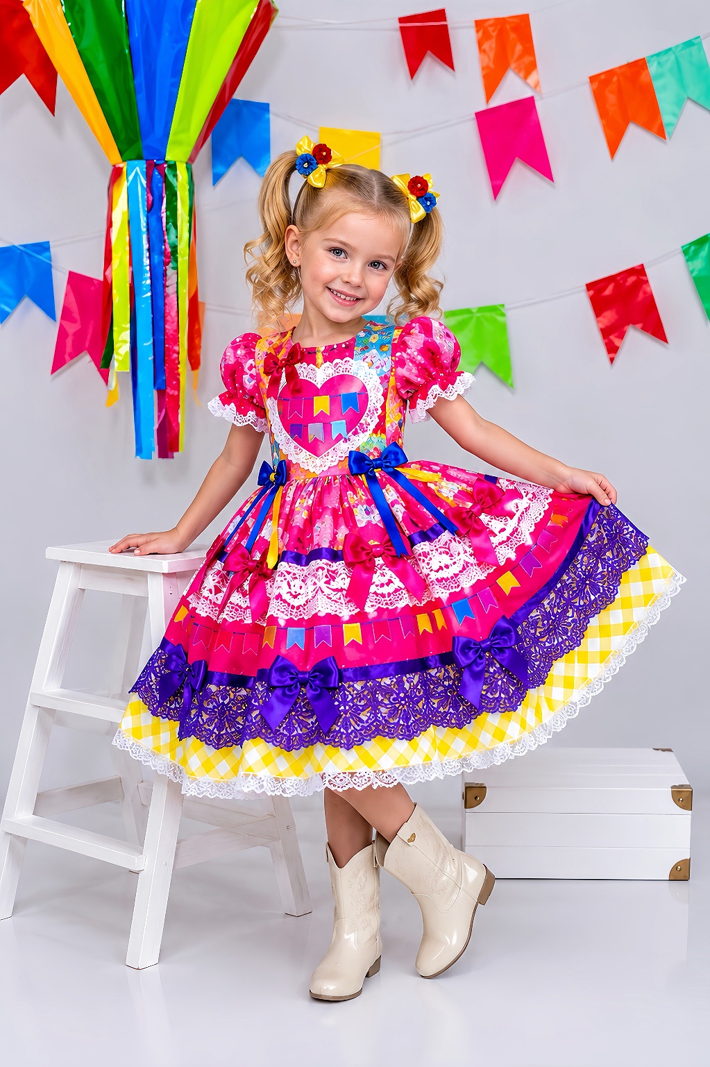 Vestido Infantil Junino Arraiá Caipira Rosa Xadrez Colorido