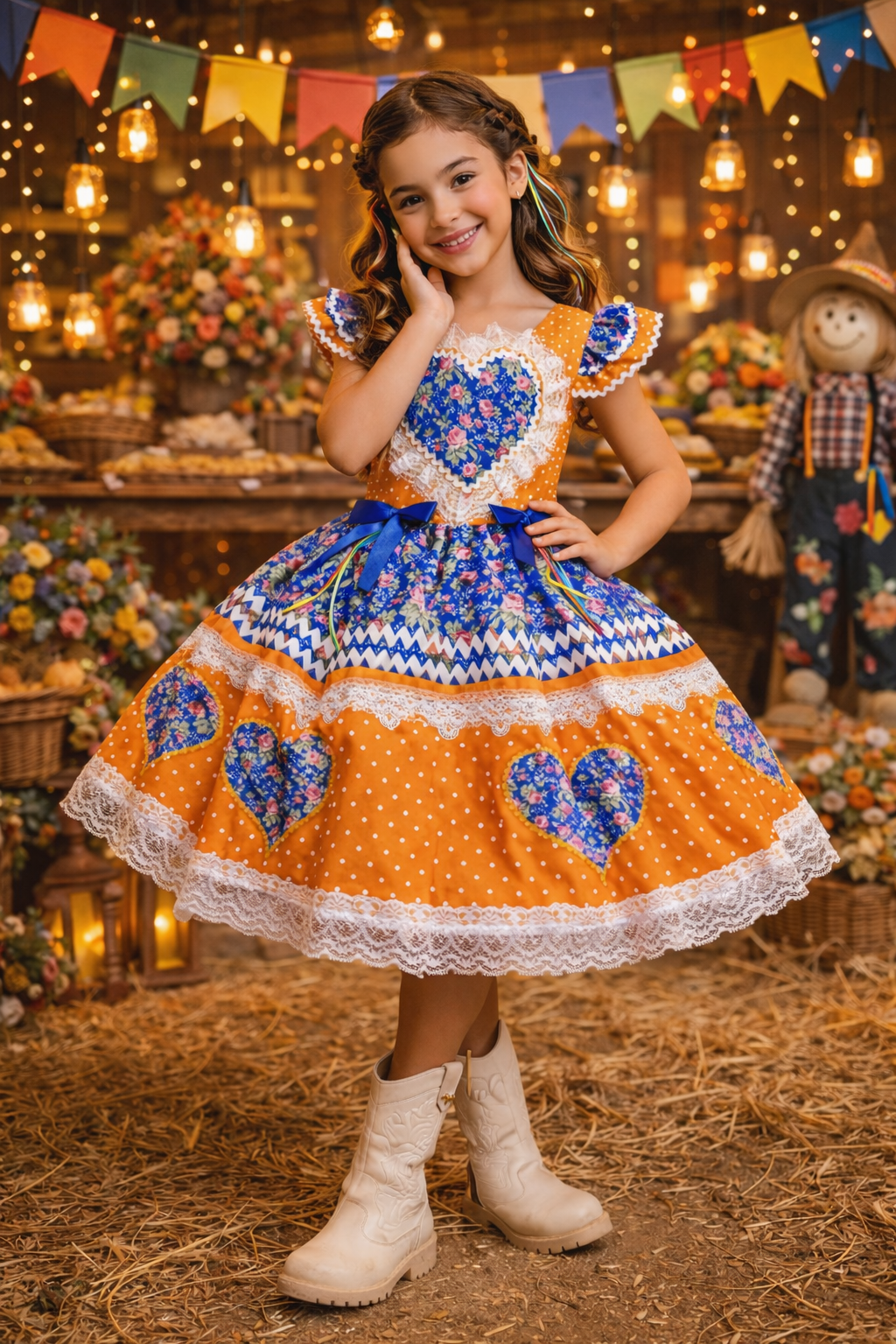 Vestido Infantil Junino Arraiá Laranja Colorido Luxo Festas