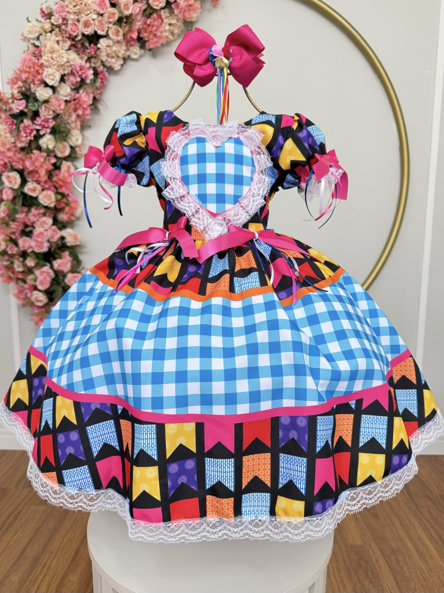 Vestido Infantil Junino Caipira Azul Xadrez Colorido Luxo