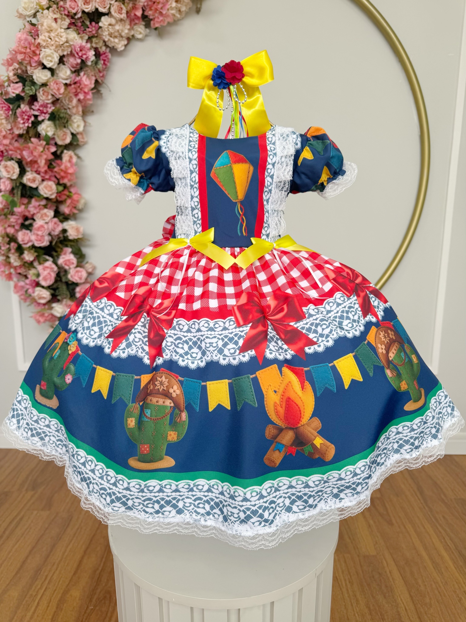 Vestido Infantil Junino Caipira São João Azul Xadrez Colorido
