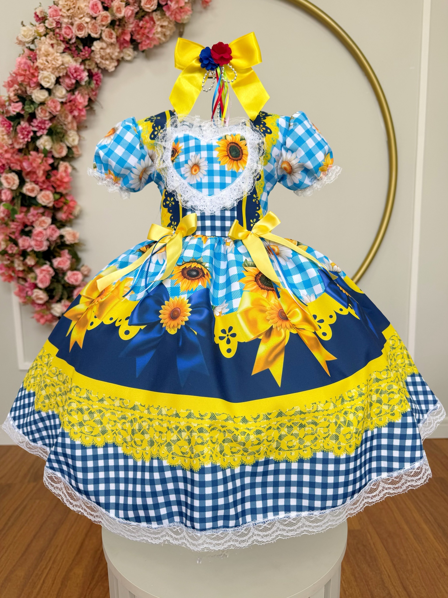 Vestido Infantil Junino Caipira Xadrez Azul Girassol Luxo