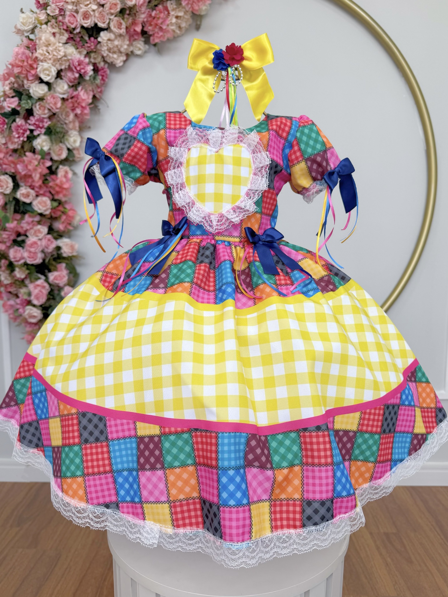 Vestido Infantil Junino Caipira Xadrez Colorido Coração Luxo