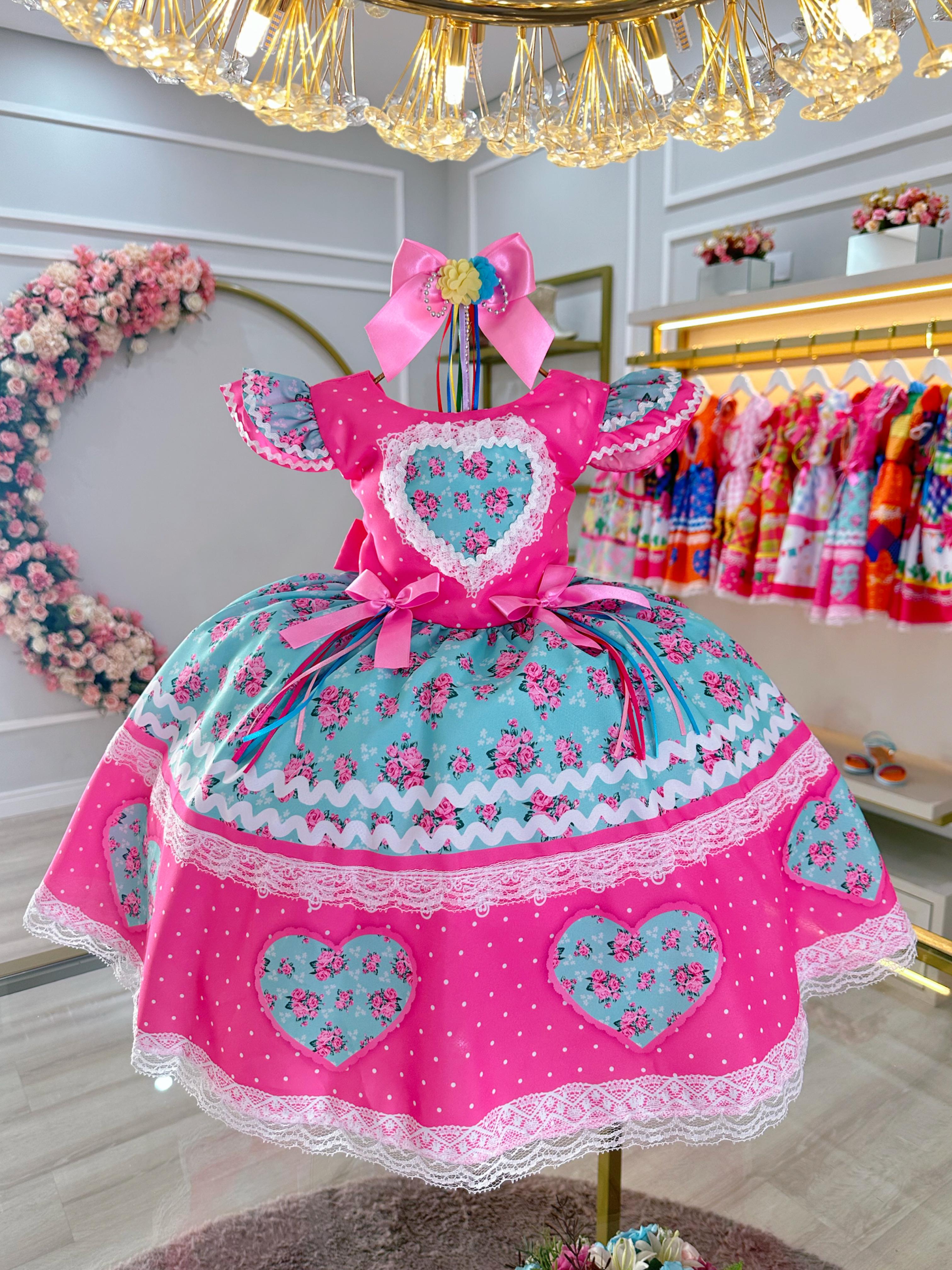 Vestido Infantil Junino Rosa Chiclete Colorido Luxo Festas
