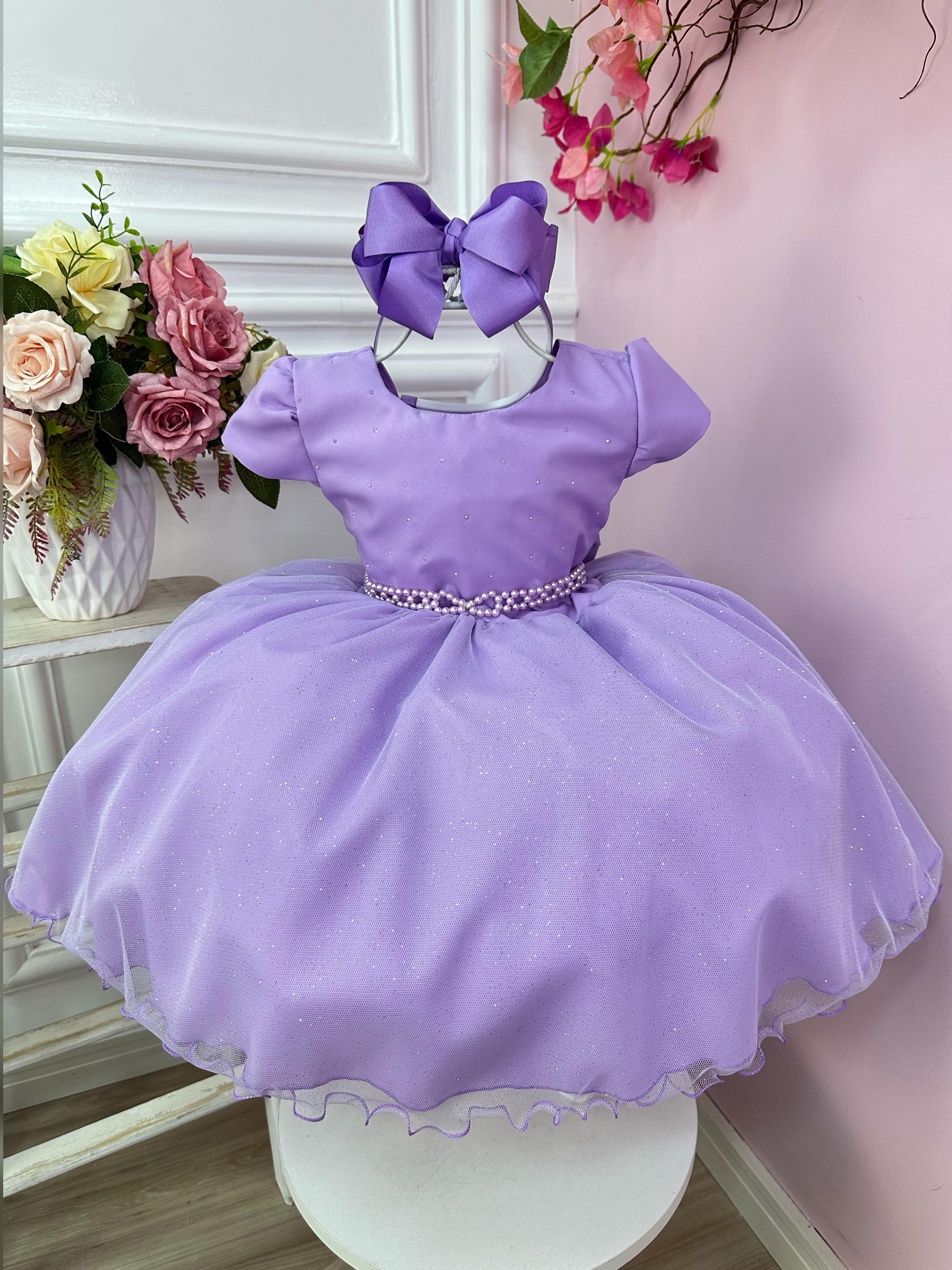 Vestido Infantil Lilás Busto C/ Strass e Saia com Glitter