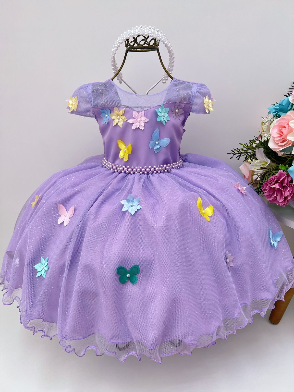 Vestido Infantil Lilás C/ Aplique Borboletas Flores Pérolas