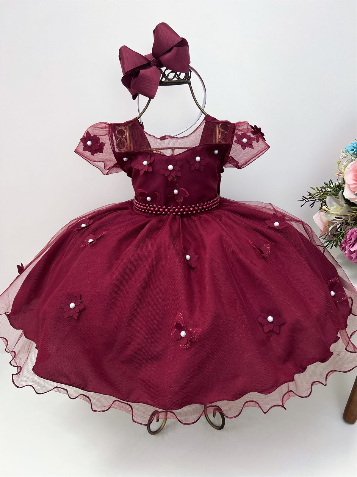 Vestido Infantil Marsala Aplique Borboleta e Flores Pérolas