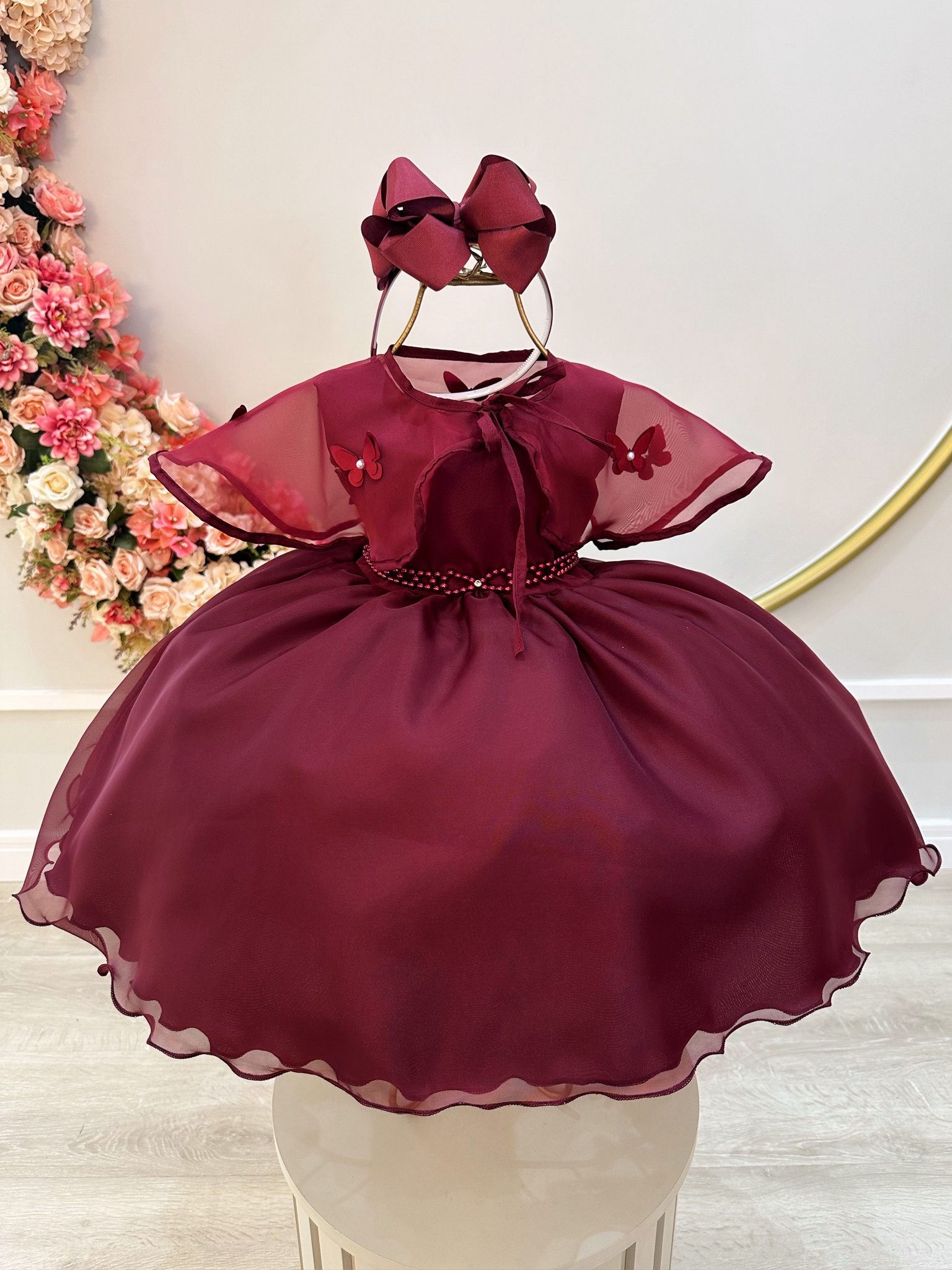 Vestido Infantil Marsala Echarpe Infantil Apliques Borboletas