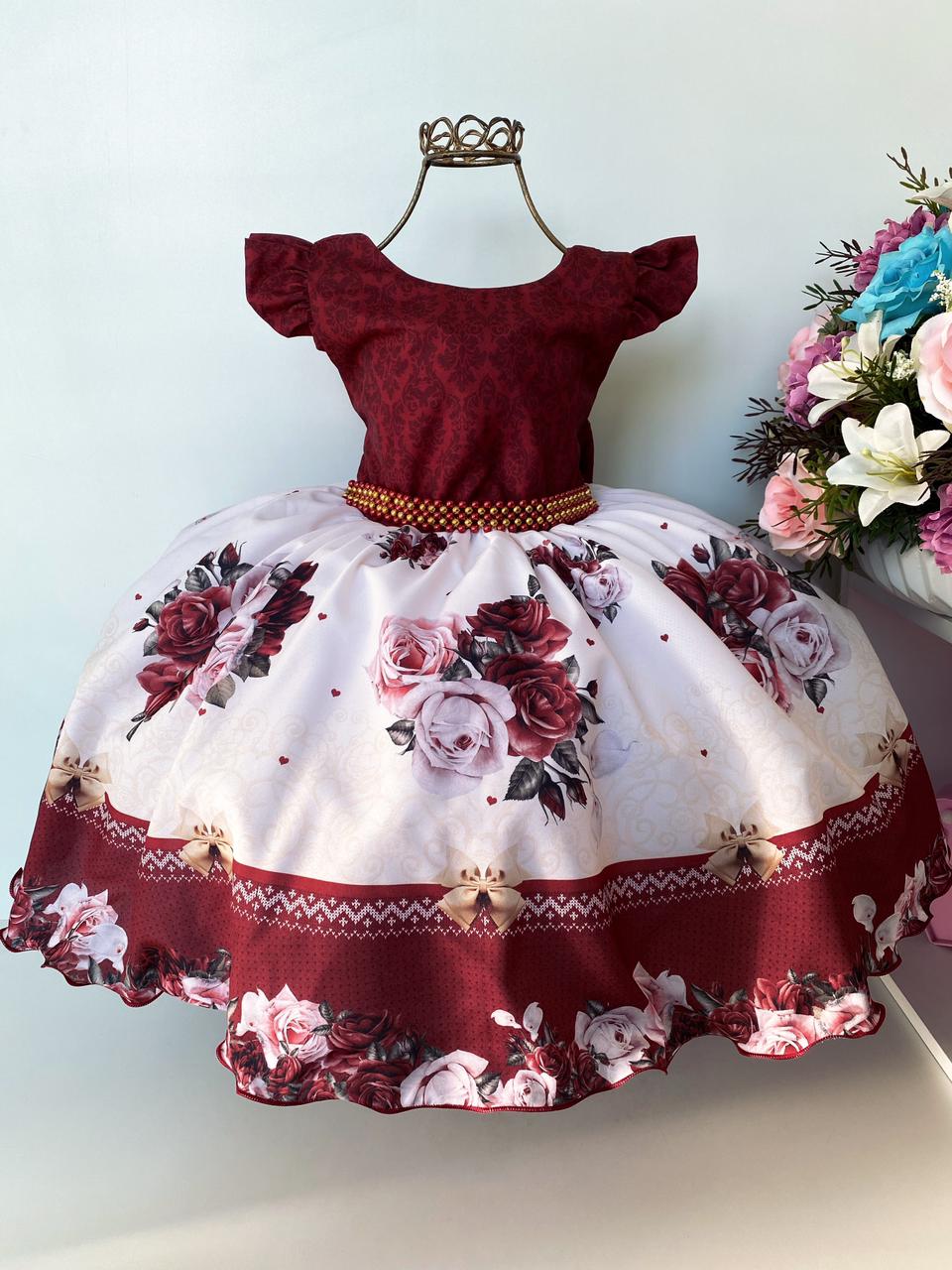 Vestido Infantil Marsala Laços Floral Luxo Realeza
