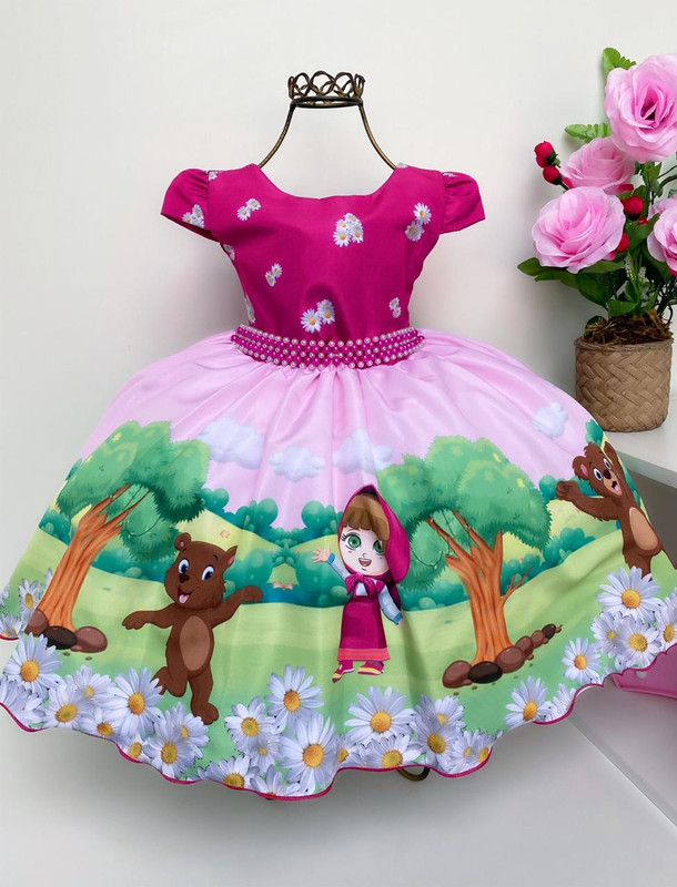 Vestido Infantil Masha e o Urso Jardim das Flores Pérolas
