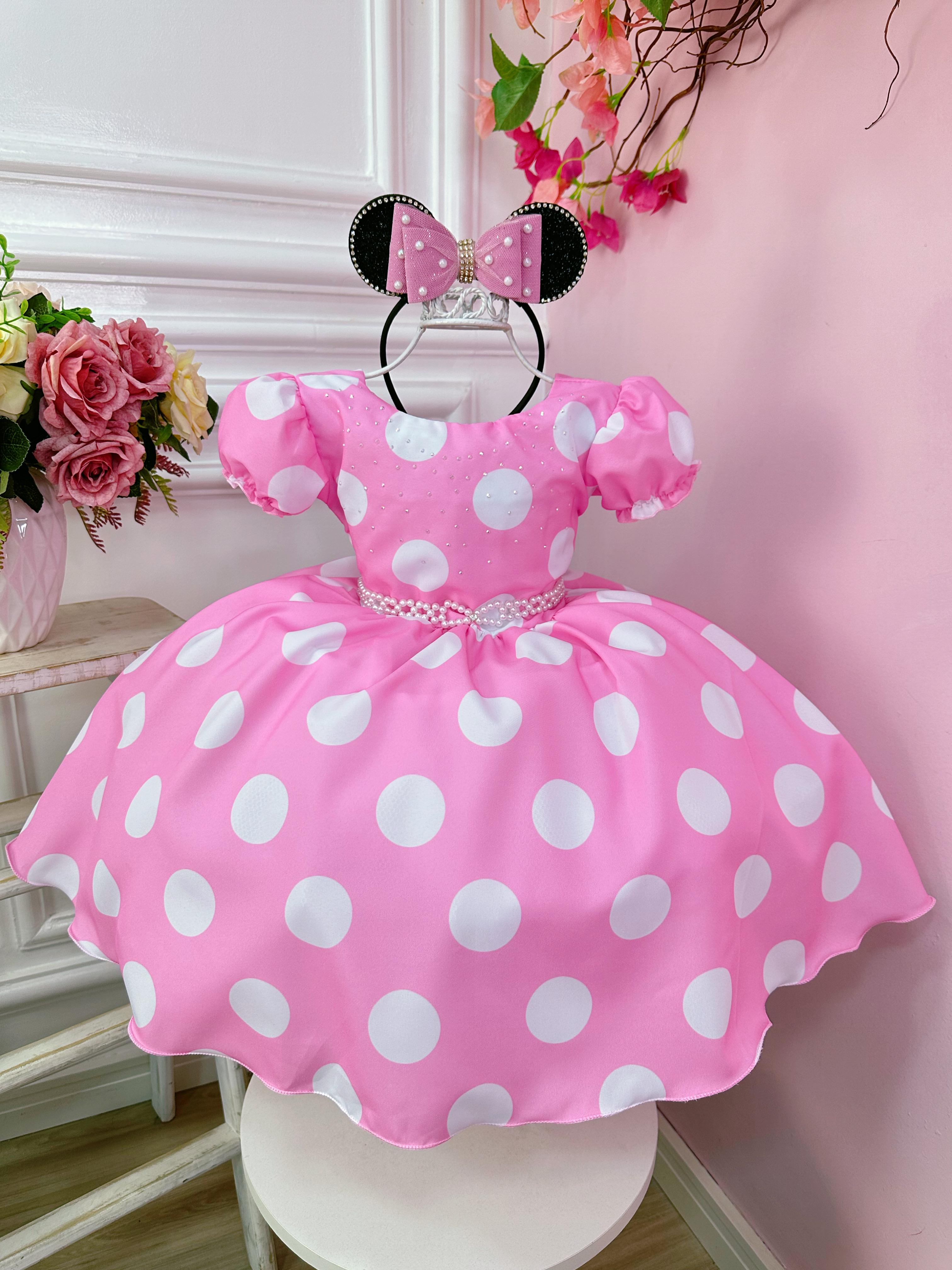 Vestido Infantil Minnie Rosa Busto Com Strass Festas