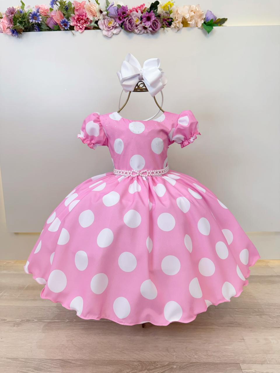 Vestido Infantil Minnie Rosa Busto Com Strass Festas