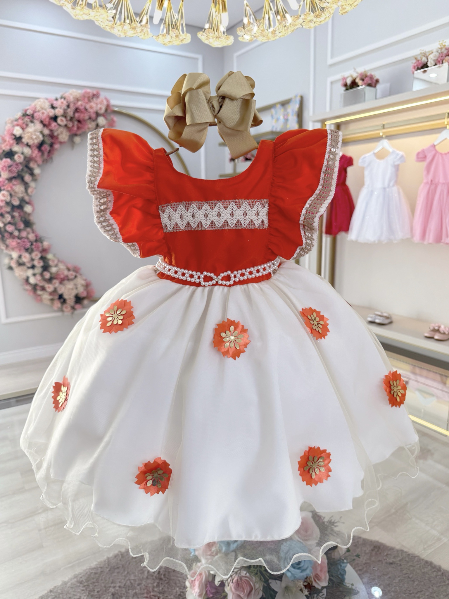 Vestido Infantil Moana C/ Apliques de Flores Laranja Festas