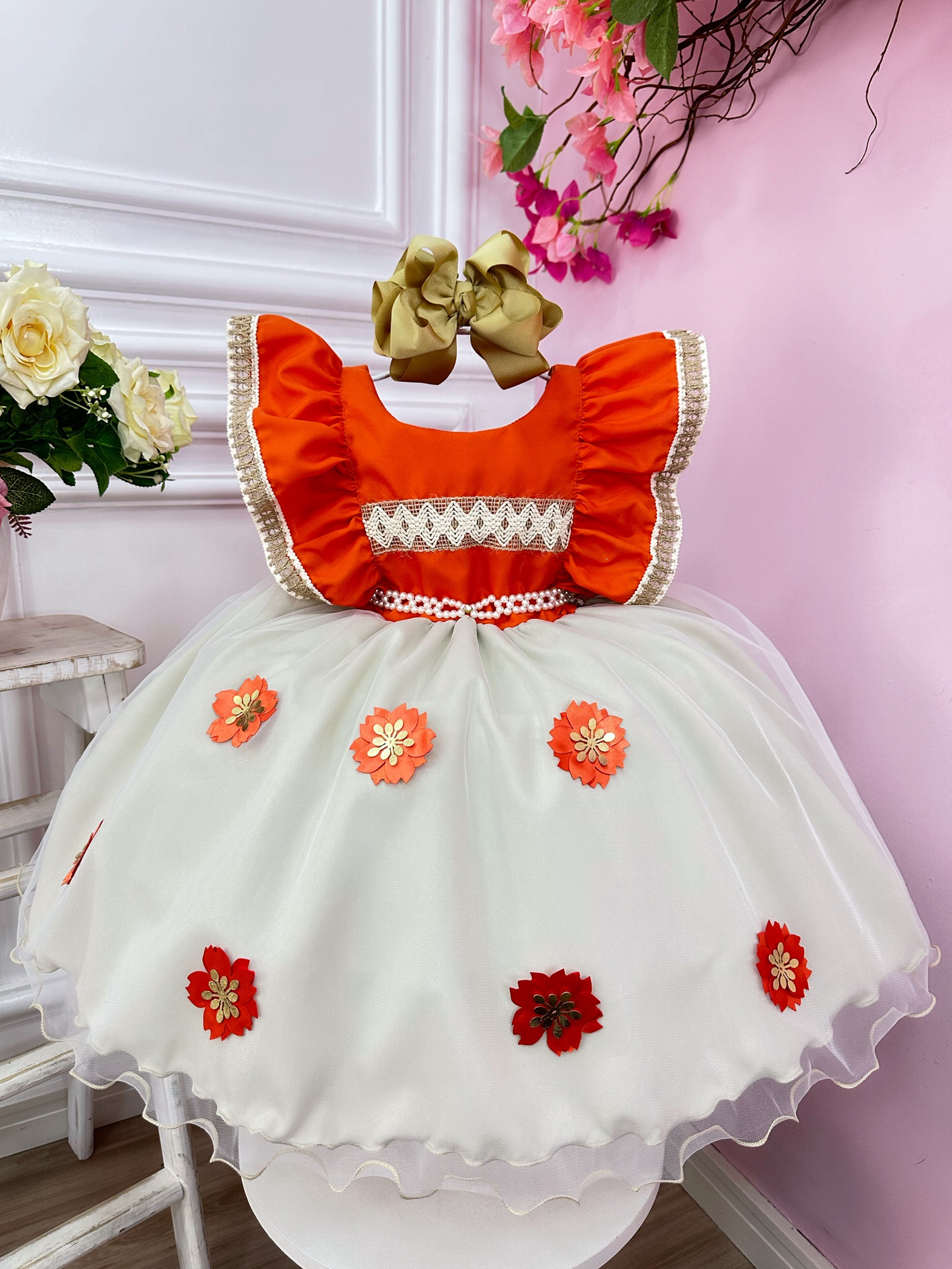 Vestido Infantil Moana Laranja C/ Apliques Flores Festas