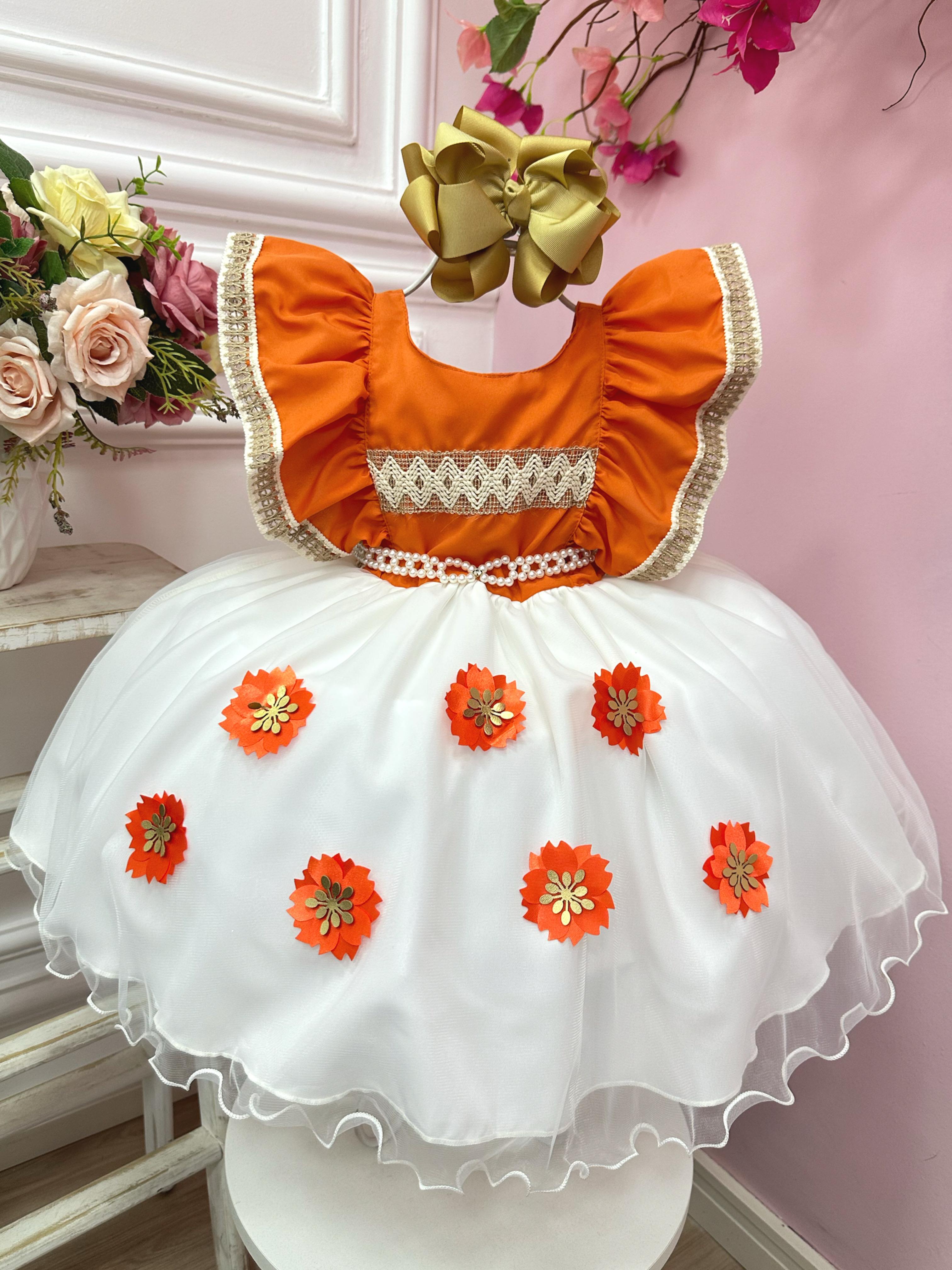 Vestido Infantil Moana Laranja Com Apliques de Flores Festas