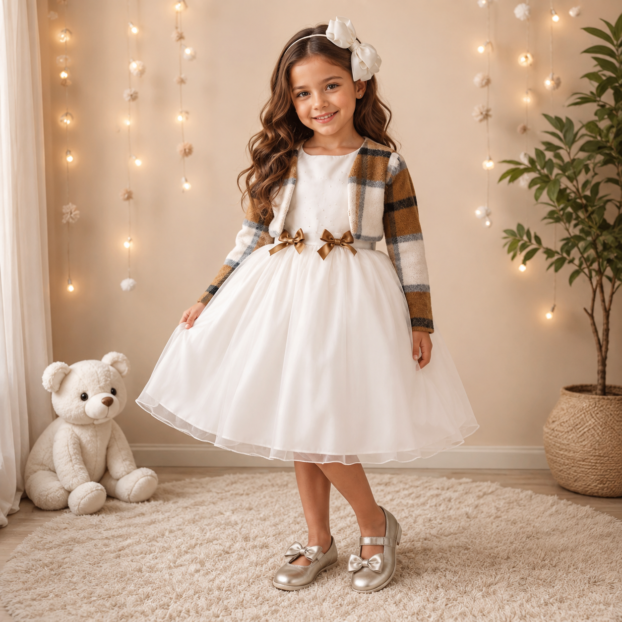 Vestido Infantil Off White Busto Strass C/ Bolero Xadrez Luxo