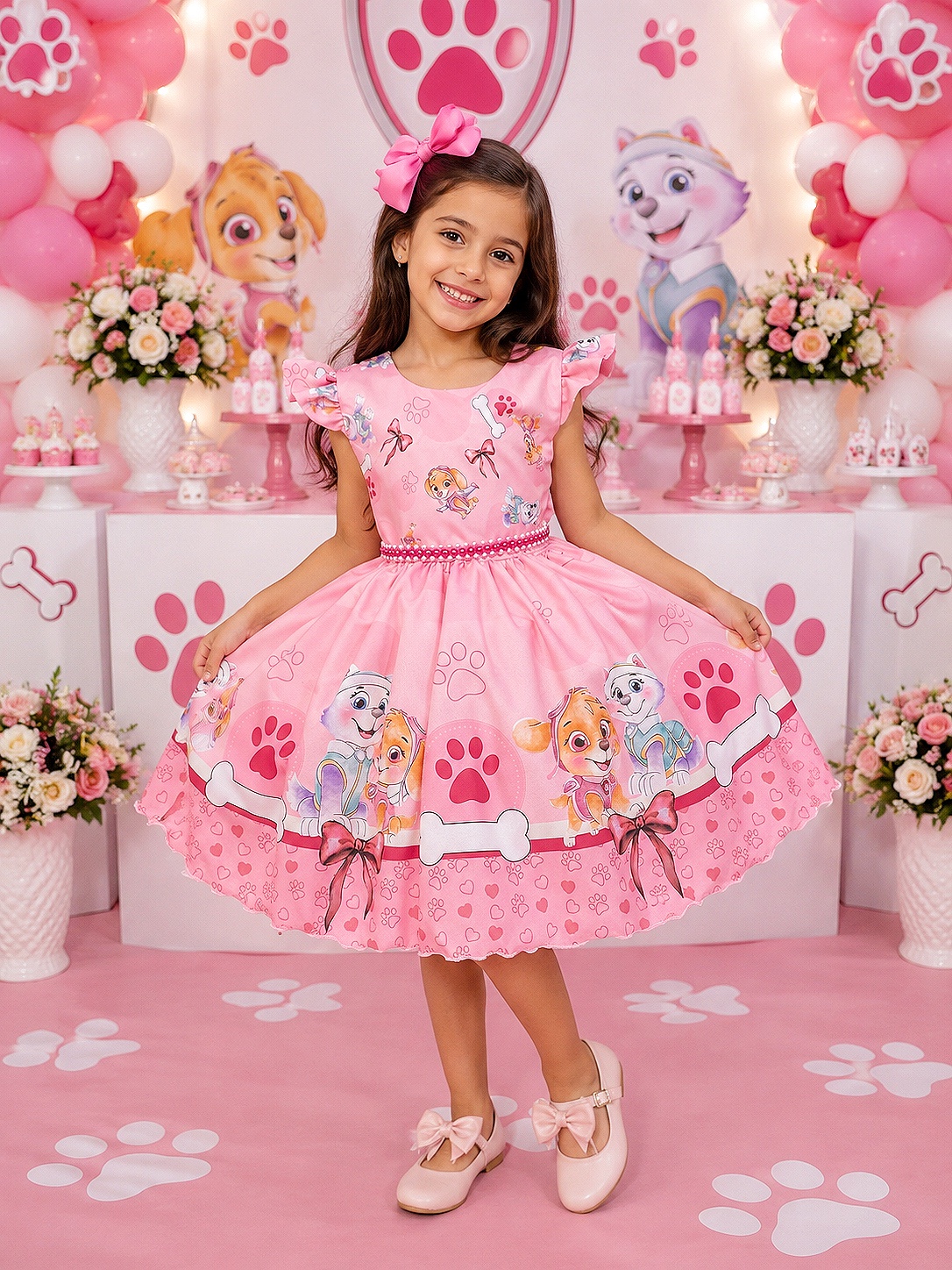 Vestido Infantil Patrulha Canina Sky Rosa C/ Pérolas Festas