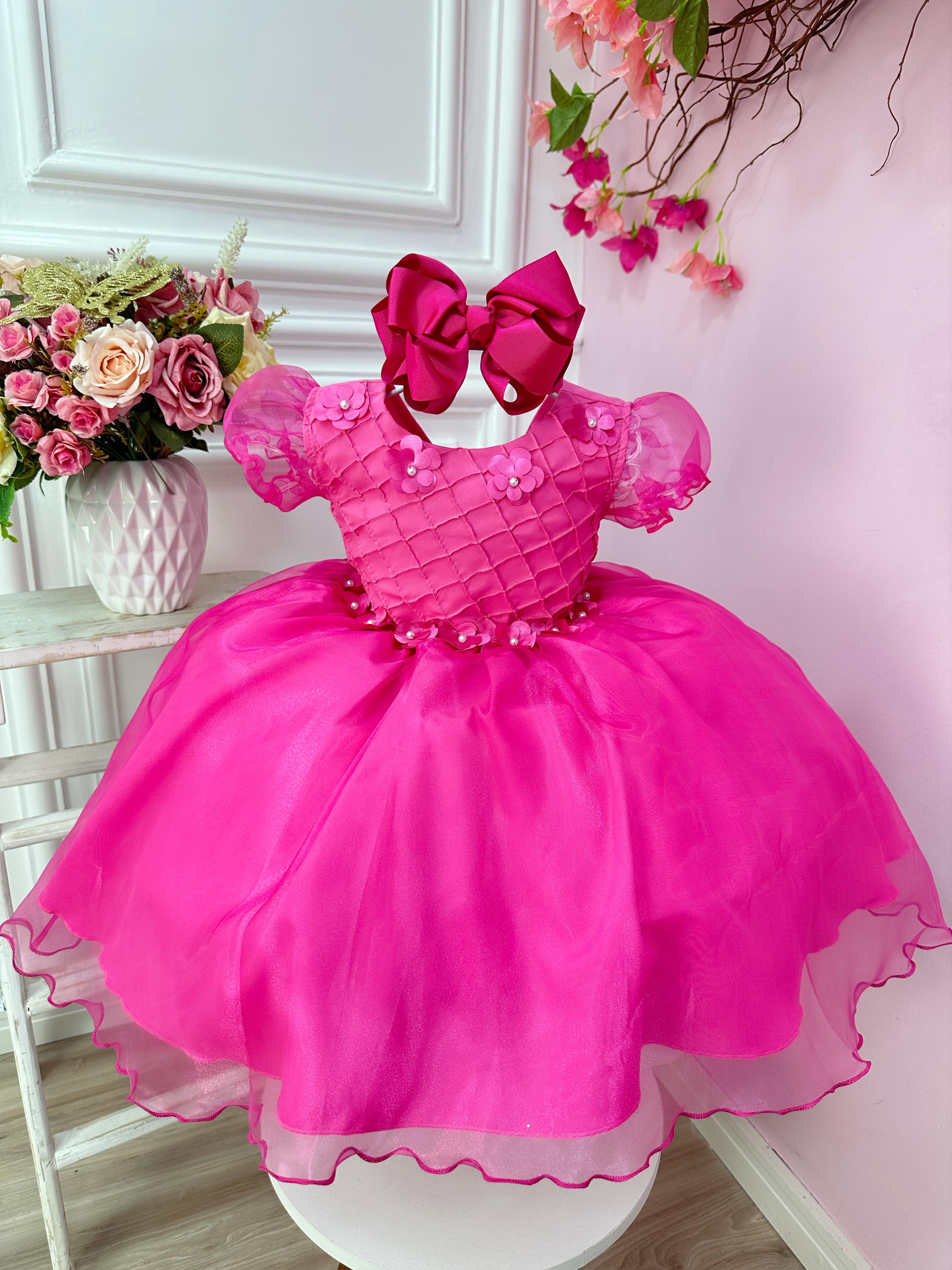 Vestido Infantil Pink Princesa Aurora Barbie Aplique Flores