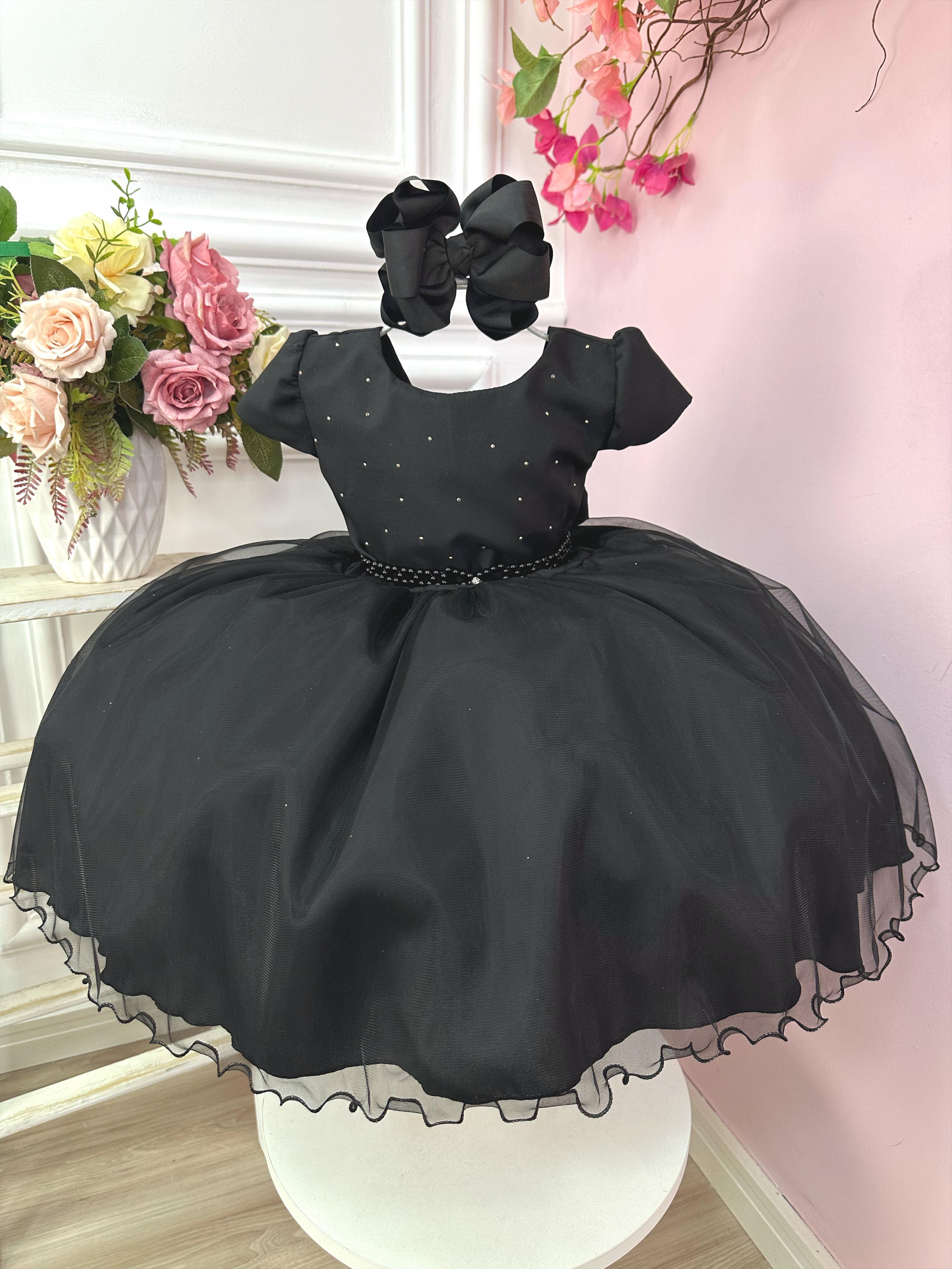 Vestido Infantil Preto Busto C/ Strass e Saia com Glitter