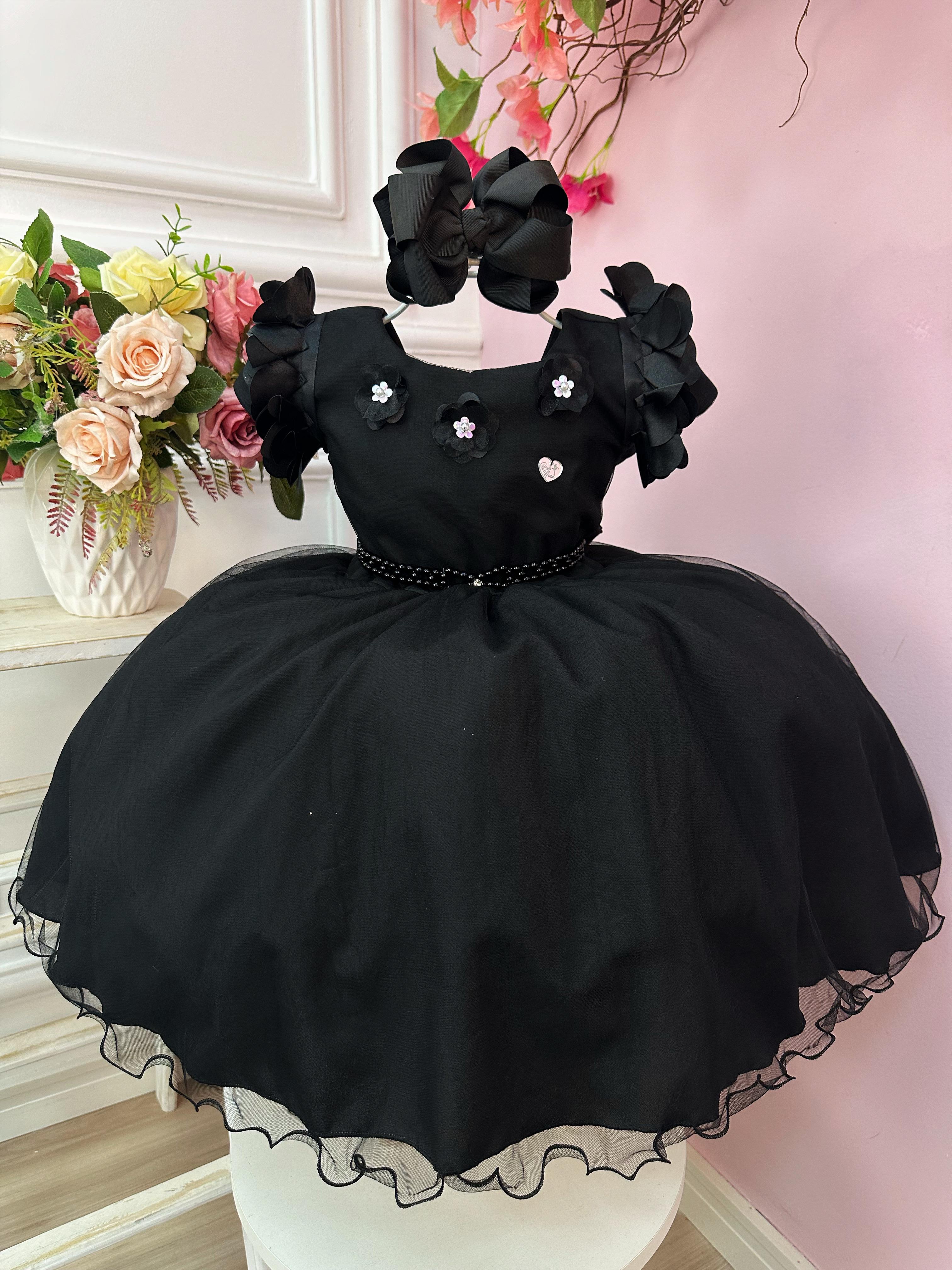 Vestido Infantil Preto Com Apliques de Flores Daminha Luxo