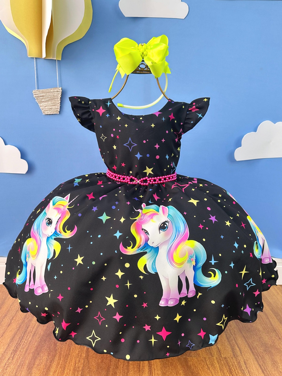 Vestido Infantil Preto Unicórnio Neon Festas Aniversários
