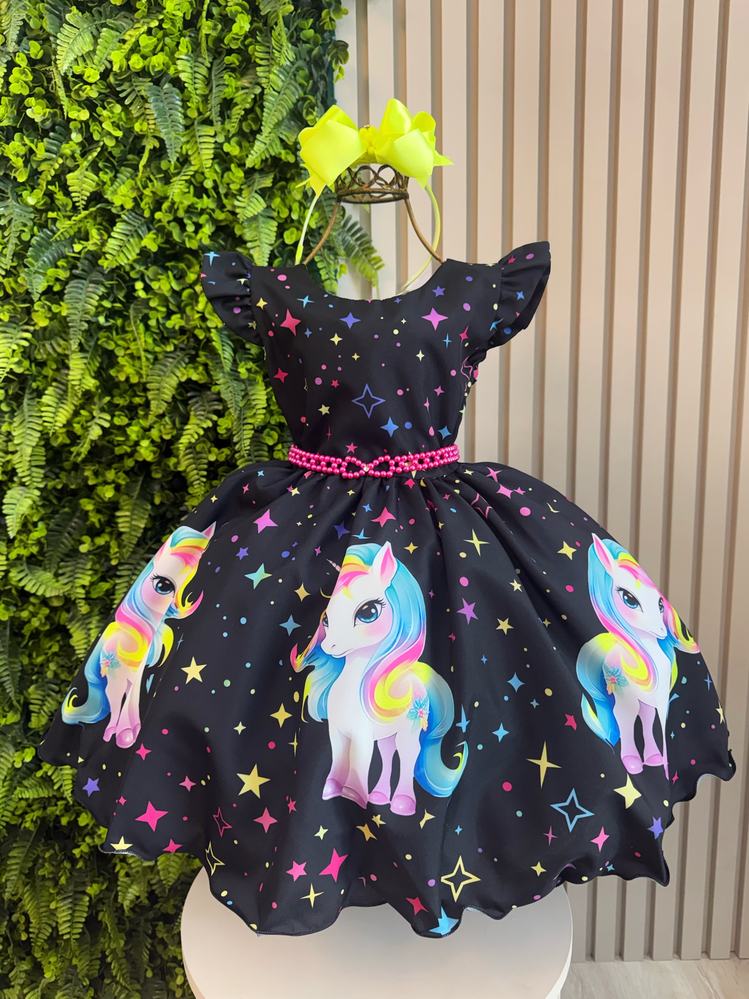 Vestido Infantil Preto Unicórnio Neon Festas Aniversários