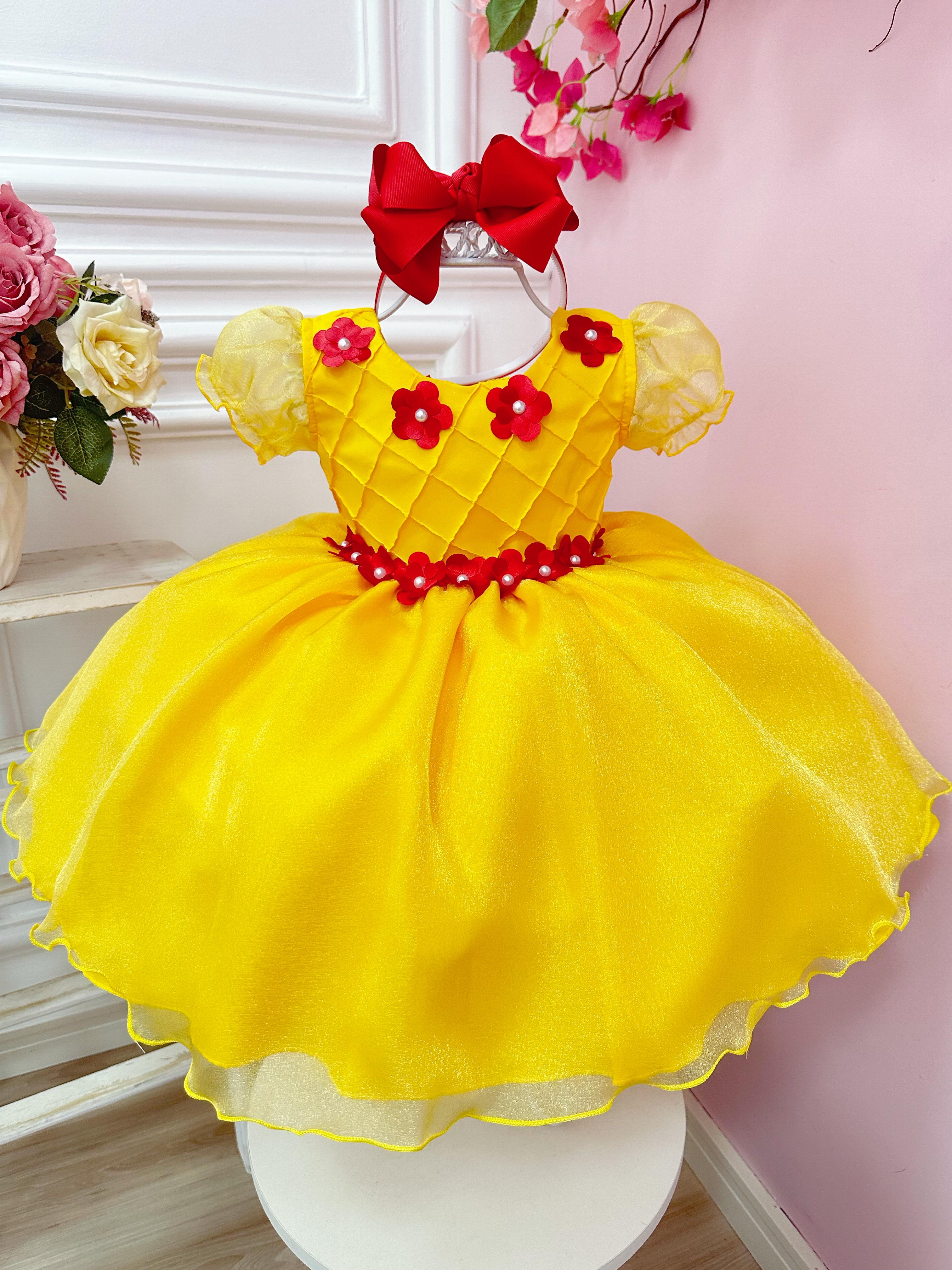 Vestido Infantil  Princesa Bela e a Fera Amarelo C/ Flores