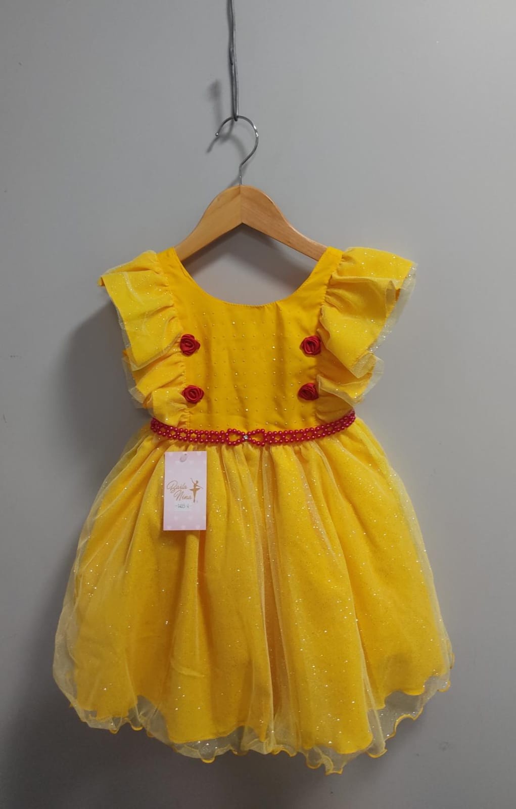 Vestido Infantil Princesa Bela e a Fera Com Babados e Strass