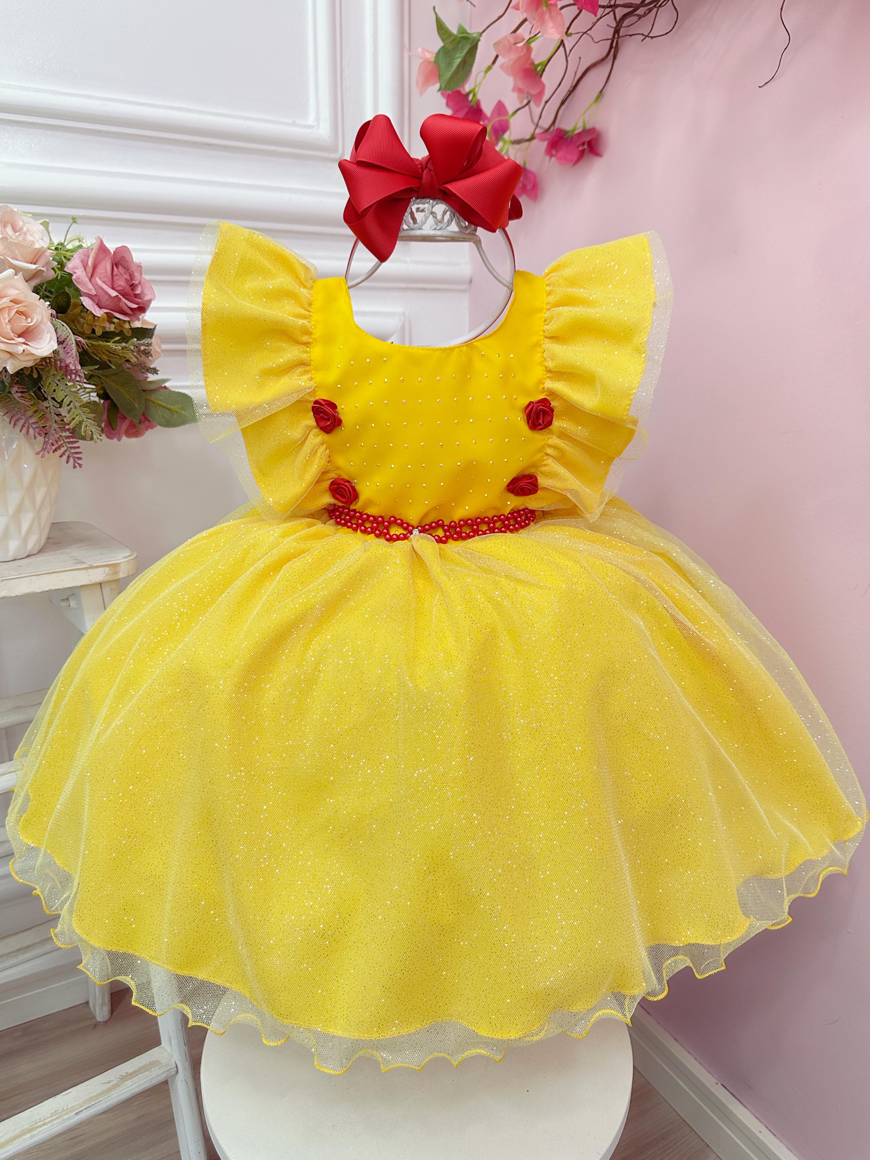 Vestido Infantil Princesa Bela e a Fera Com Babados e Strass