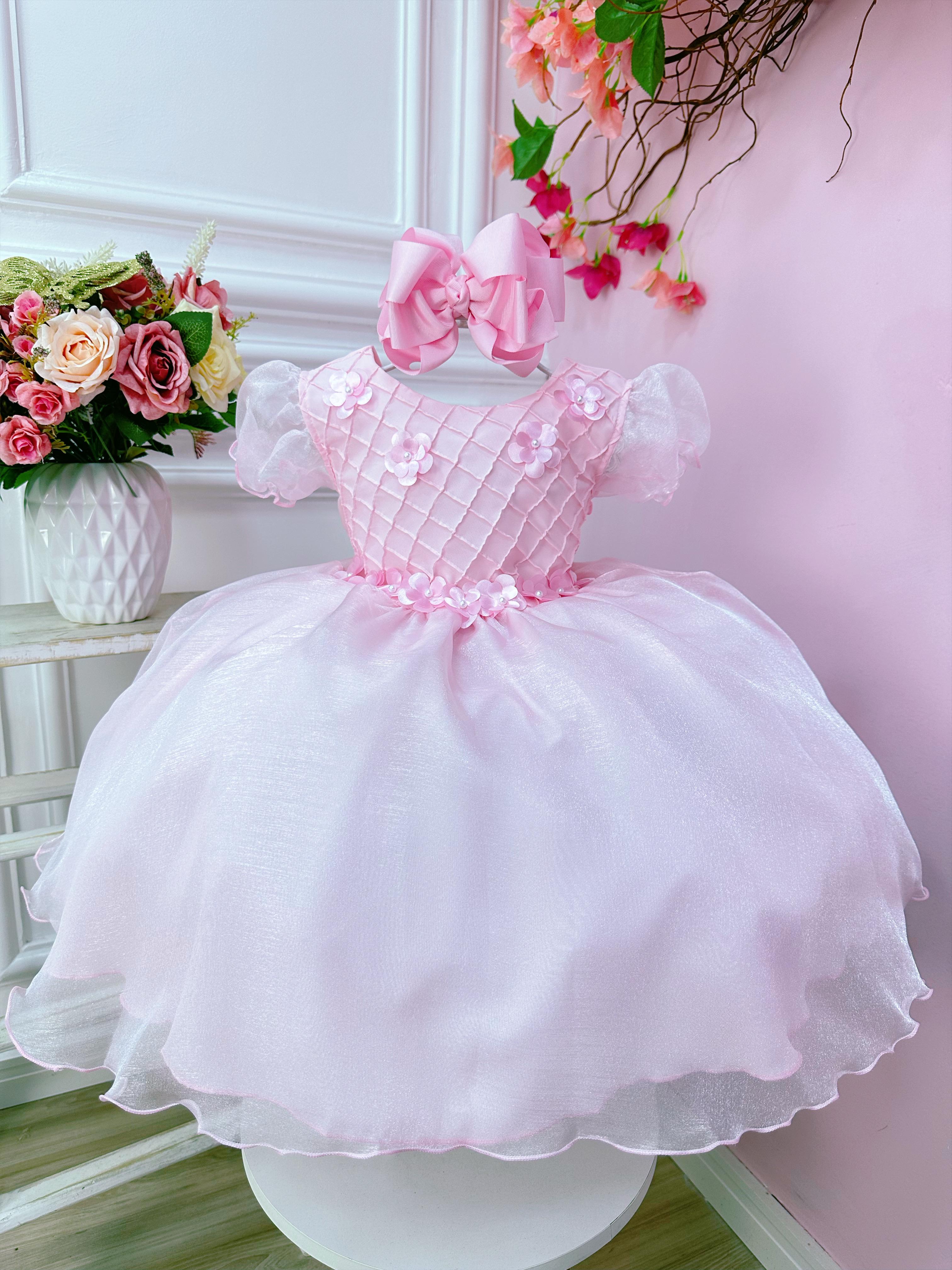 Vestido Infantil Rosa Bebê Princesa Bela Adormecida C/ Flores