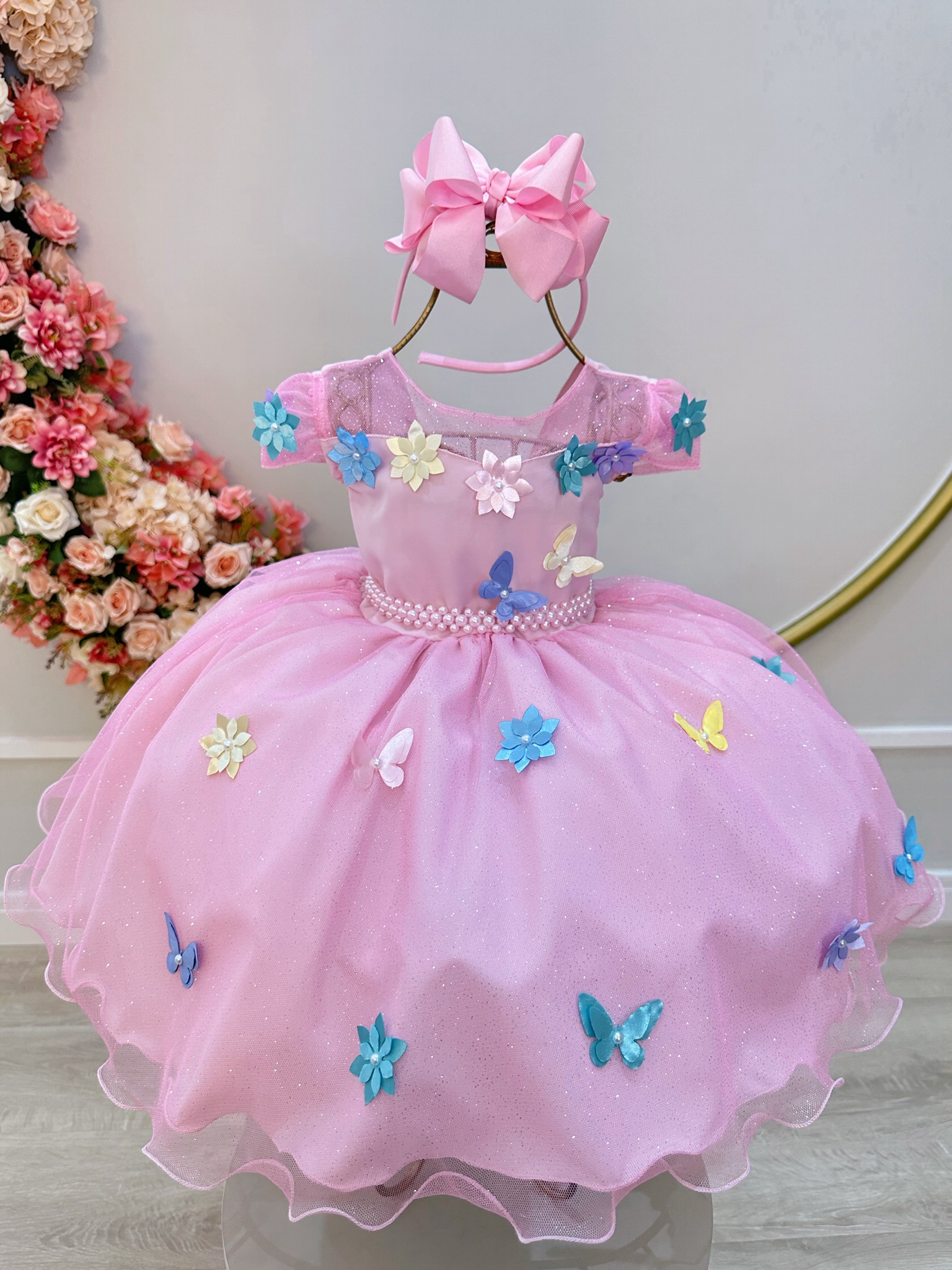 Vestido Infantil Rosa C/ Aplique Borboletas e Flores Festas