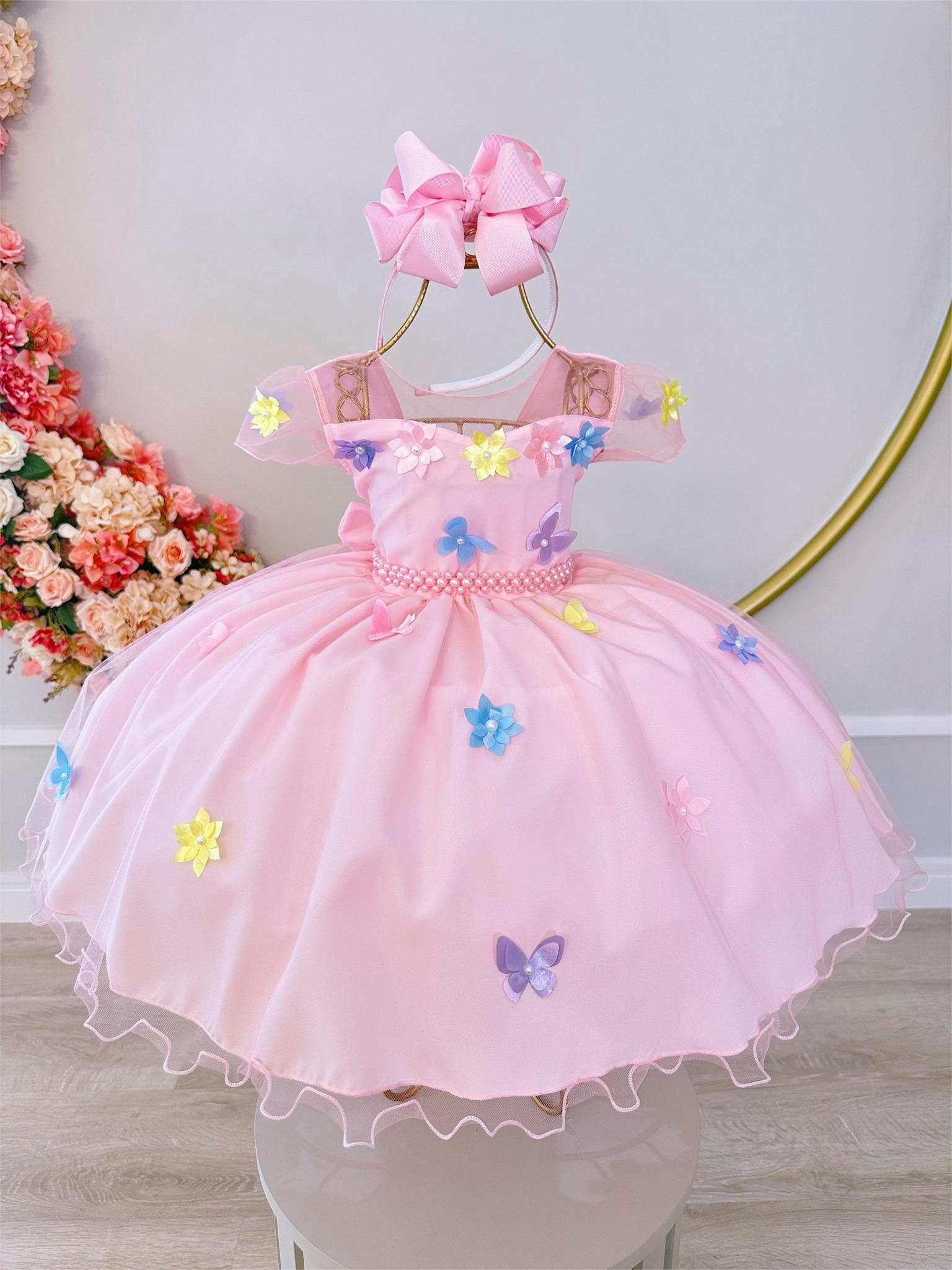 Vestido Infantil Rosa C/ Aplique Borboletas Flores Pérolas