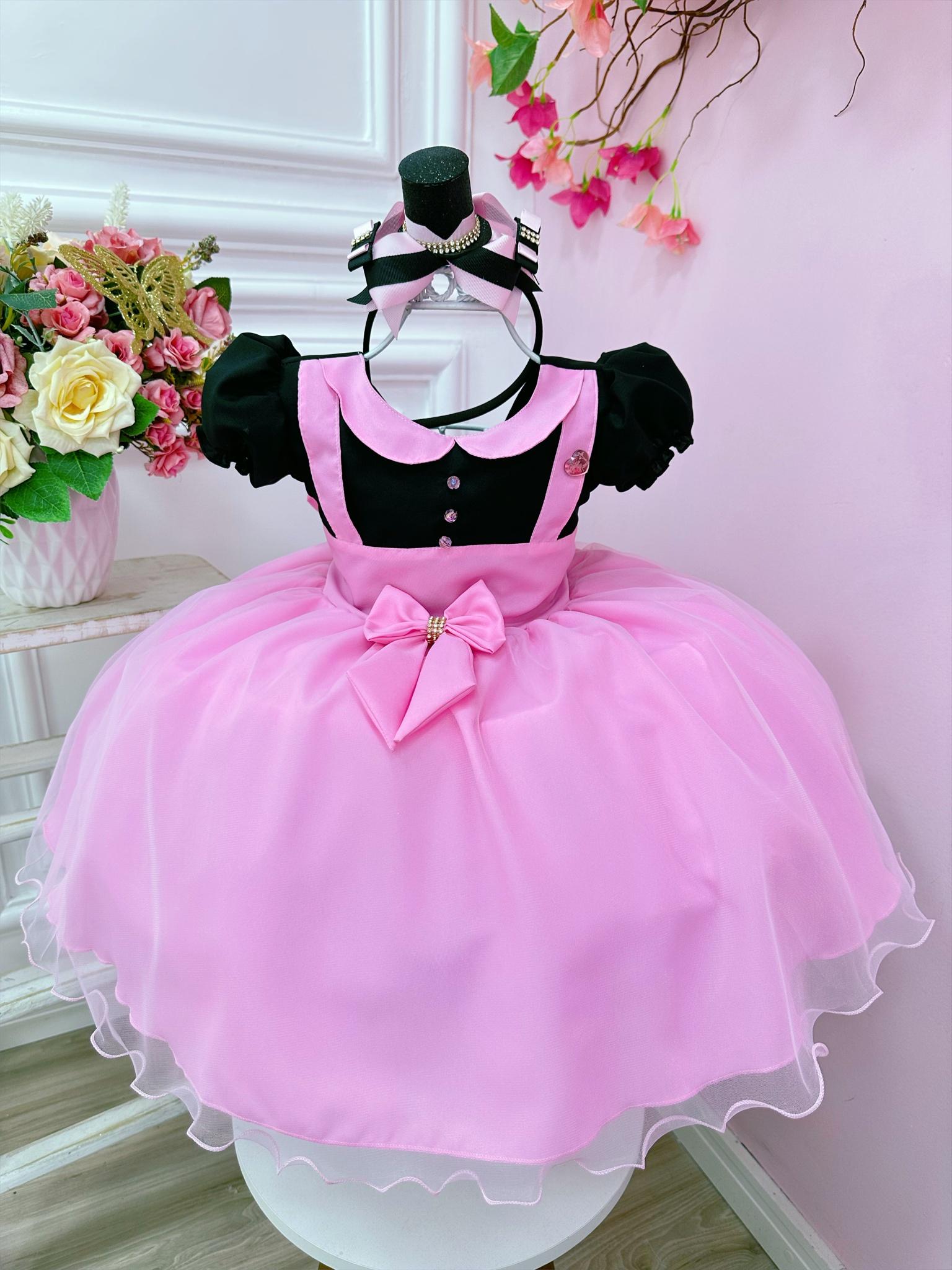 Vestido Infantil Rosa Circo Chefinha C/ Broche de Laço Festas