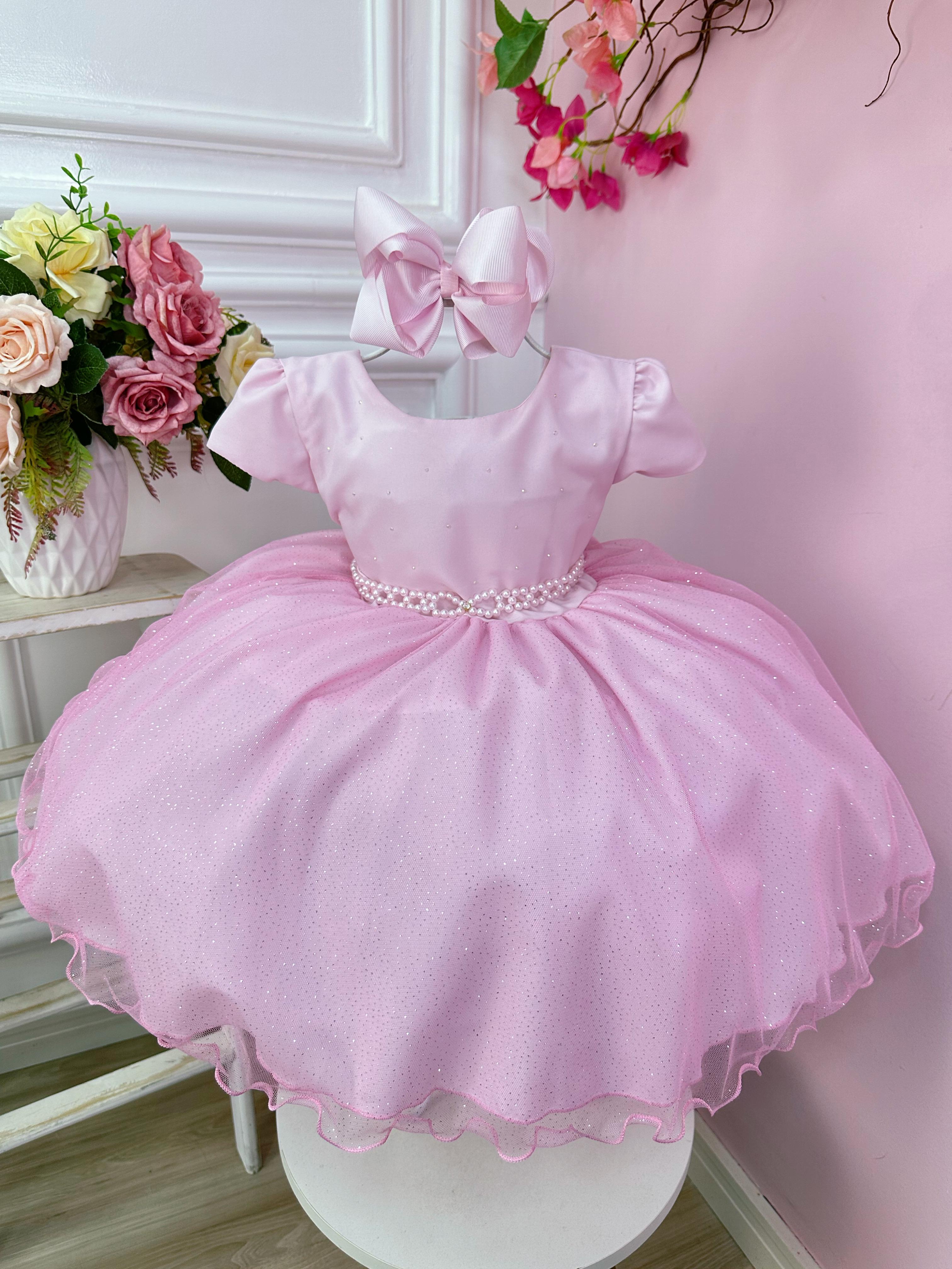 Vestido Infantil Rosa Claro Busto C/ Strass e Saia Glitter